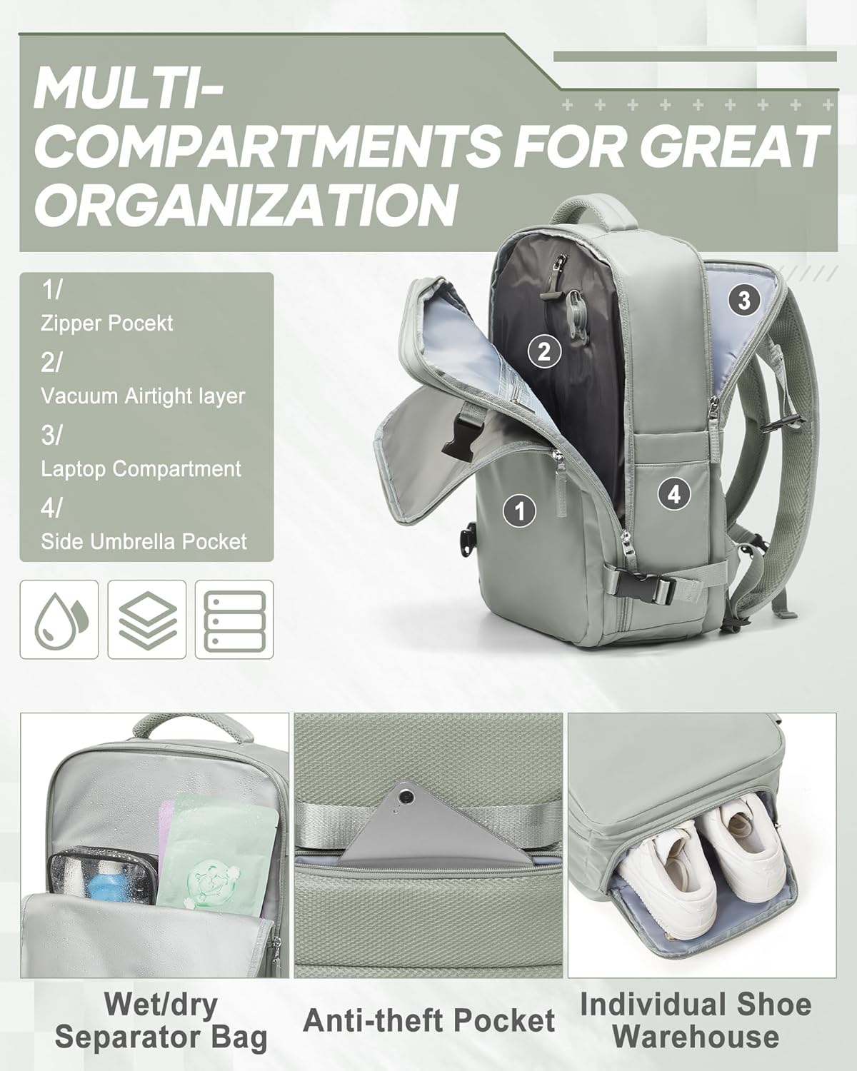 suwasp Vacuum Compression Backpack, 45L Expandable Travel Backpack with Electric Vacpack Pump, Travel Vacuum Bags with Shoe Compartment/17inch Laptop Compartment/USB Port, Glassgreen