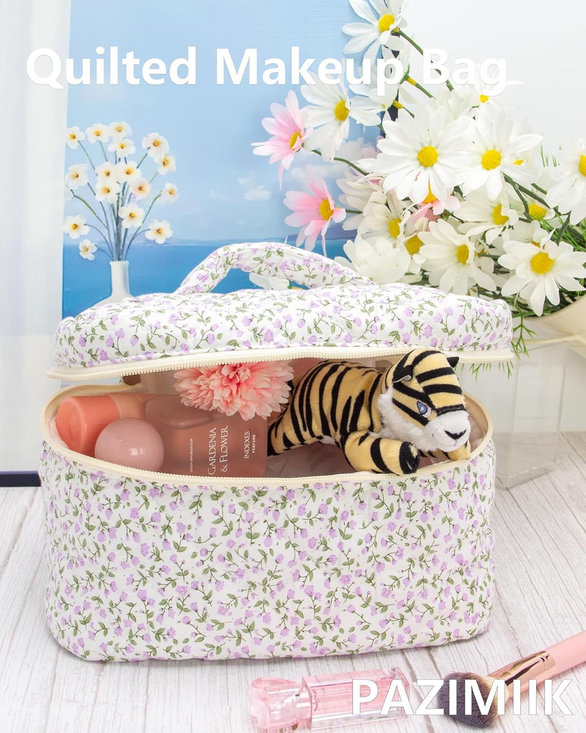 PAZIMIIK Quilted Makeup Bag Large Travel Zipper Soft Cosmetic Case for Women Girls Make Up,Floral