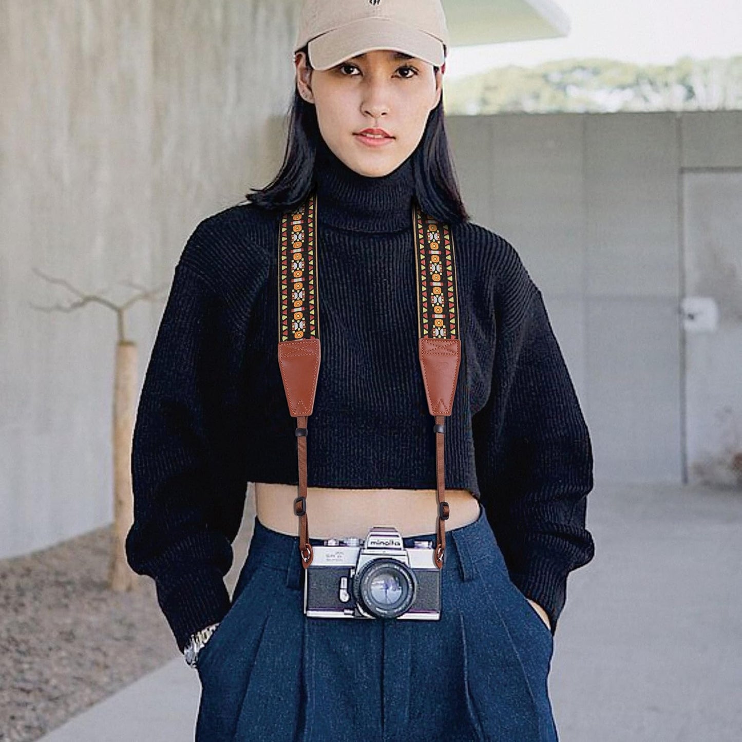 Padwa Lifestyle Camera Strap - 2" Full Grain Leather Ends Camera Straps for Photographers, Vintage Embroidered Cotton Weave Soft Suede Fabric Padded Strap Quick Release fits All Cameras