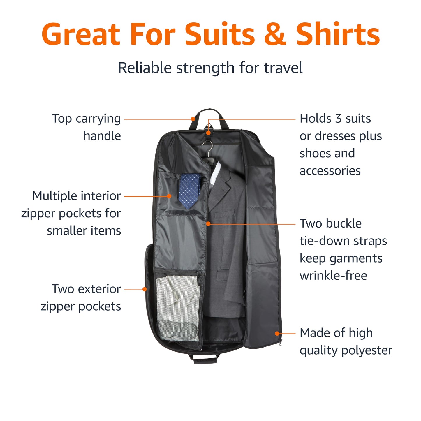 Amazon Basics 43" Travel Garment Bag Travel, Spacious Suit Bag with Detachable Shoulder Strap