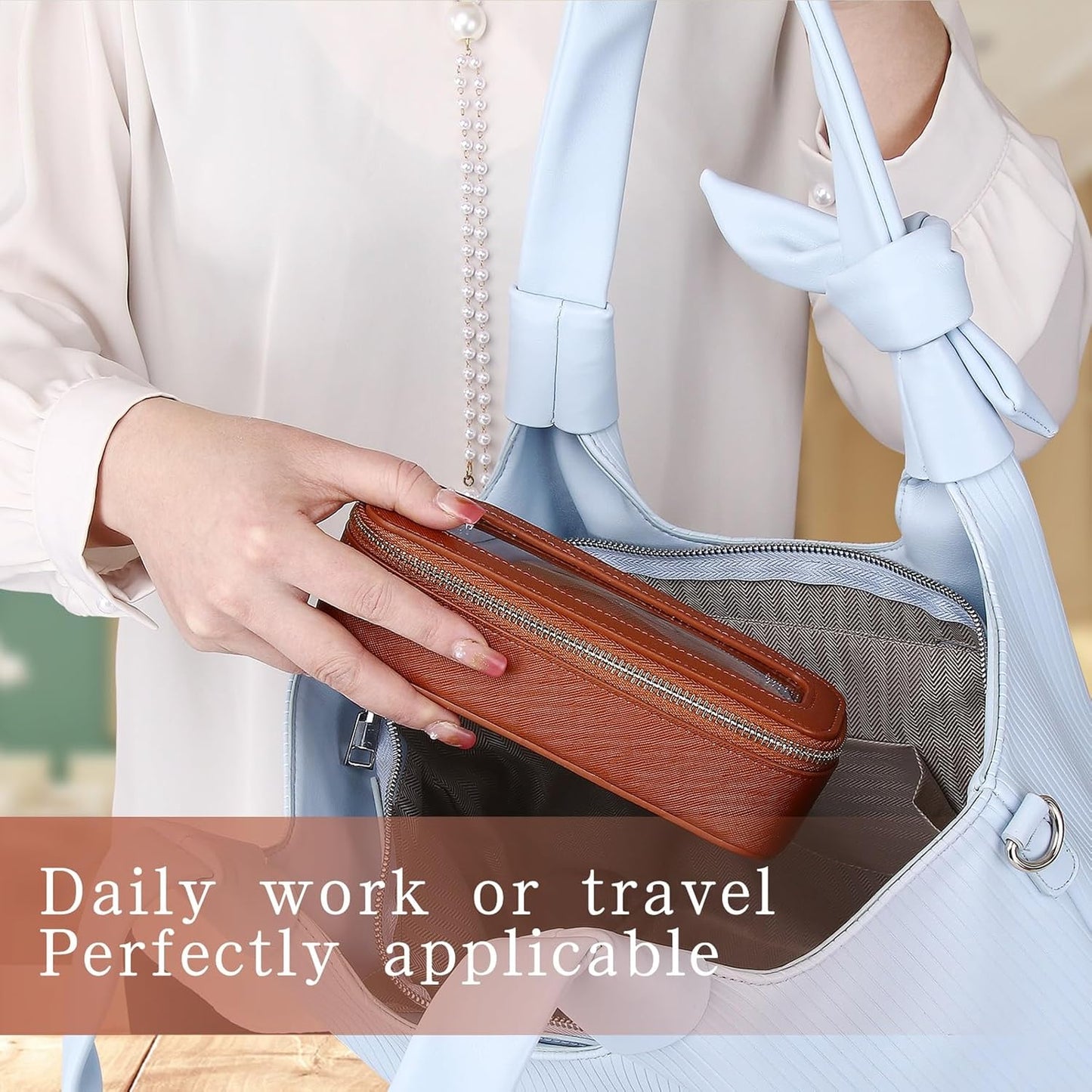 Clear Travel Makeup Bag with Brush Case Portable Transparent Cosmetic Bag and Toiletry Bag Waterproof Makeup Organizer with Zipper Car Essential for Women (Brown, M+Slim)