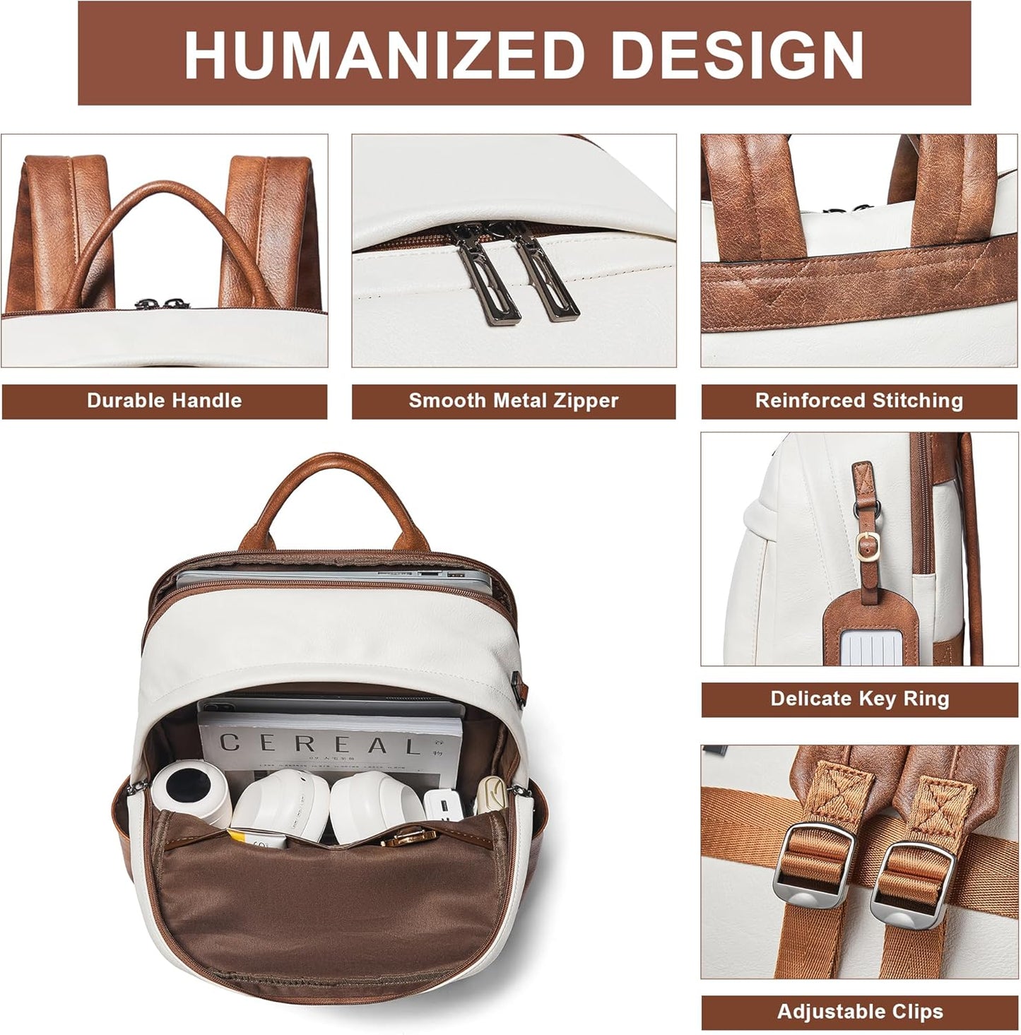 Leather Laptop Backpack for Women, Fits 15.6 Inch Laptop, Leather Backpack with 2 Water Bottle Pockets, Hidden Zipper and Luggage Strap, Ideal for Work, Travel, College, Everyday Use, Beige
