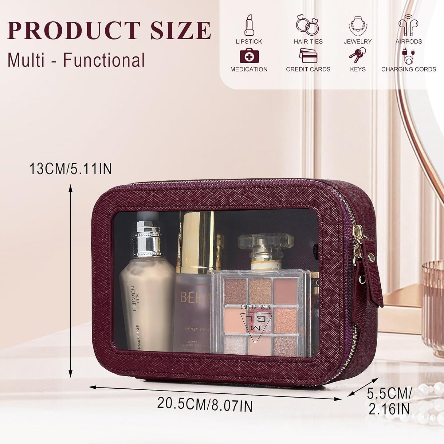 Clear Makeup Bag Small Cosmetic & Toiletry Bag Waterproof Travel Case Women's Pouch Organizer Makeup Bag for Car with Zipper (Burgundy, Small-1)