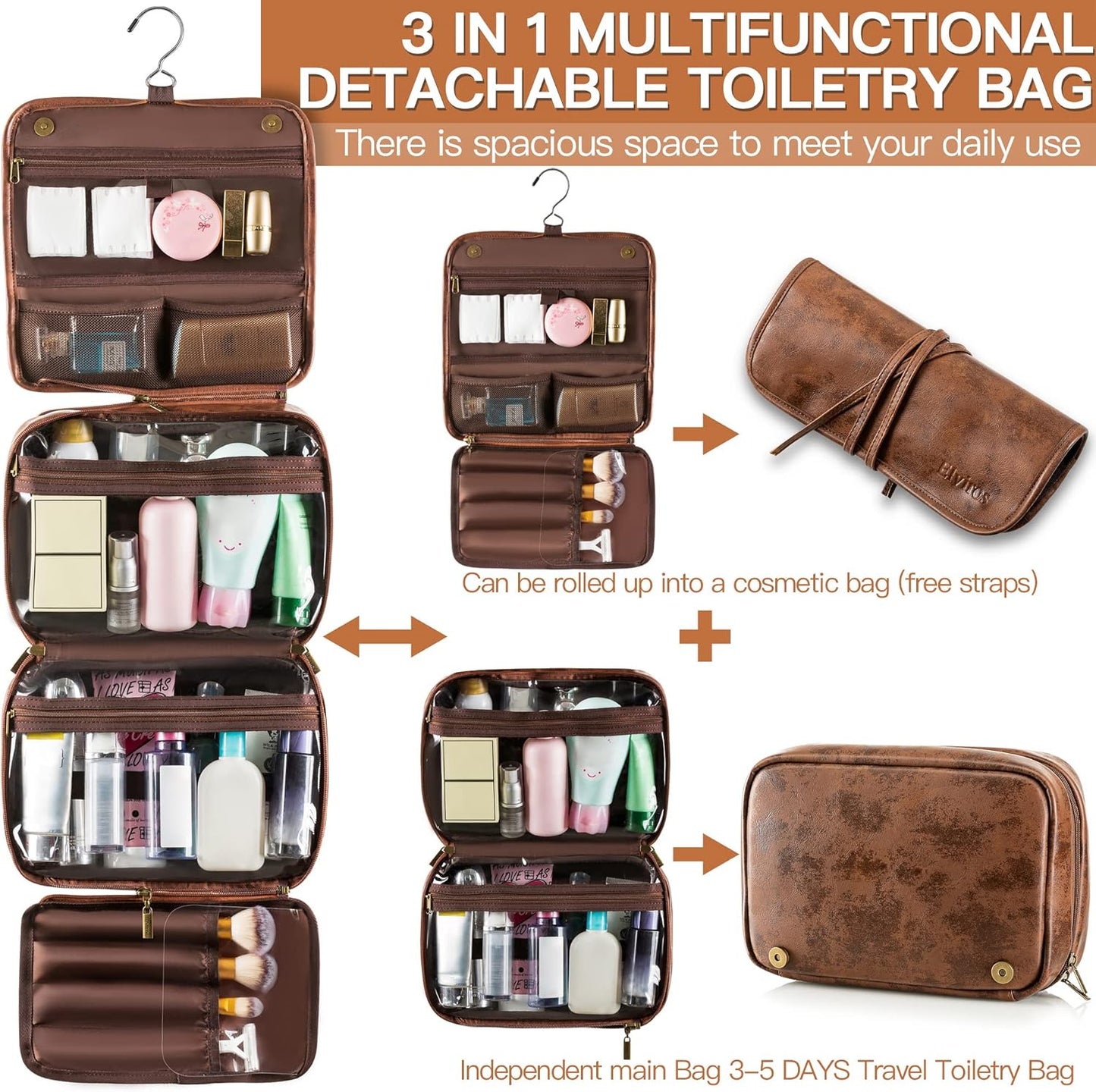 Elviros Hanging Travel Toiletry Bag Gift for Men，Mens Toiletries Bag Gifts Set Shaving Dopp Kit Water-resistant Bathroom Toiletries Organizer PU Leather Cosmetic Bags 2 Pack