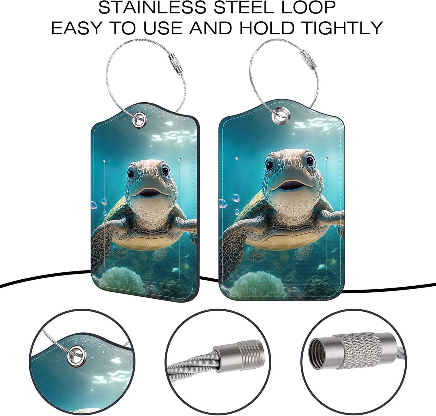 2 Pack Luggage Tags,Green Turtle PU Leather Idea Baggage Tag with ID Labels Privacy Cover Metal Ring Men and Women Travel Bag Labels