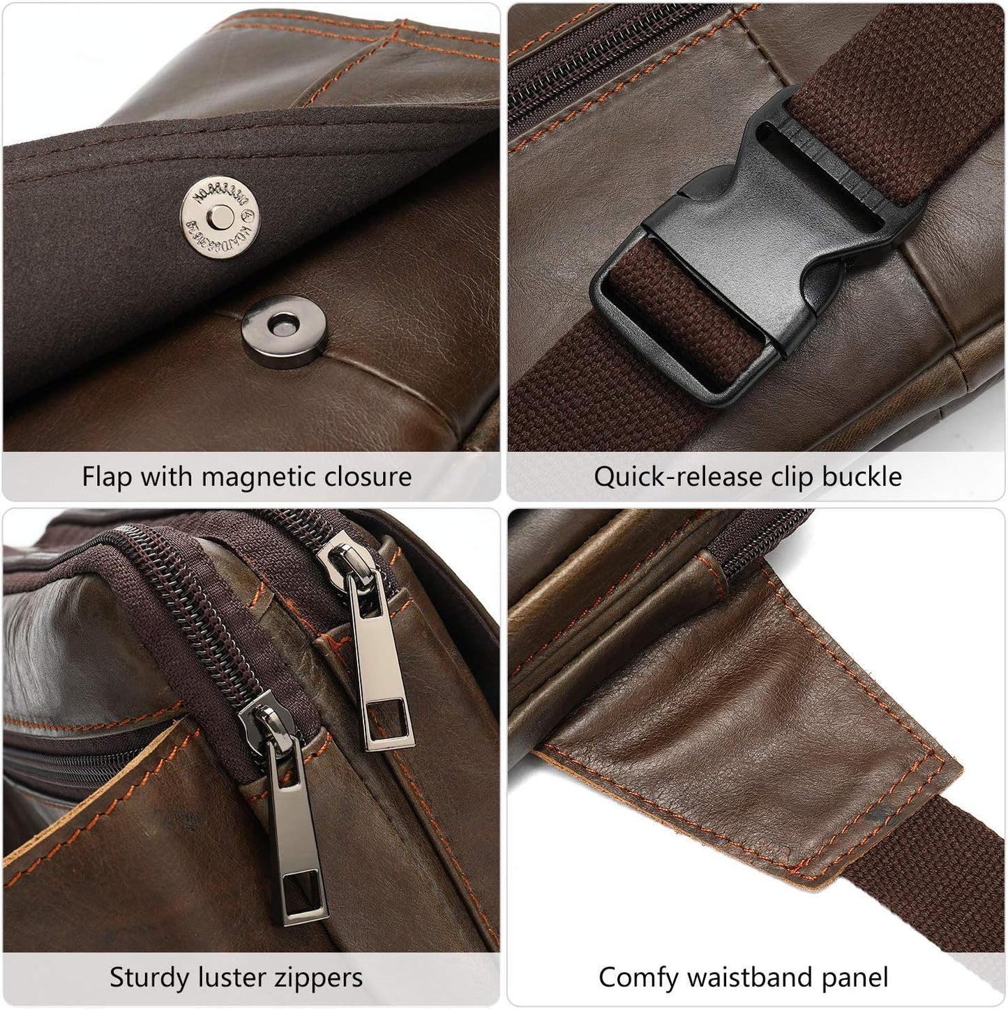 Fanny Pack for Men and Women, Leather Sling Waist Bag for Hiking Running Travel - Durable Cowhide Leather