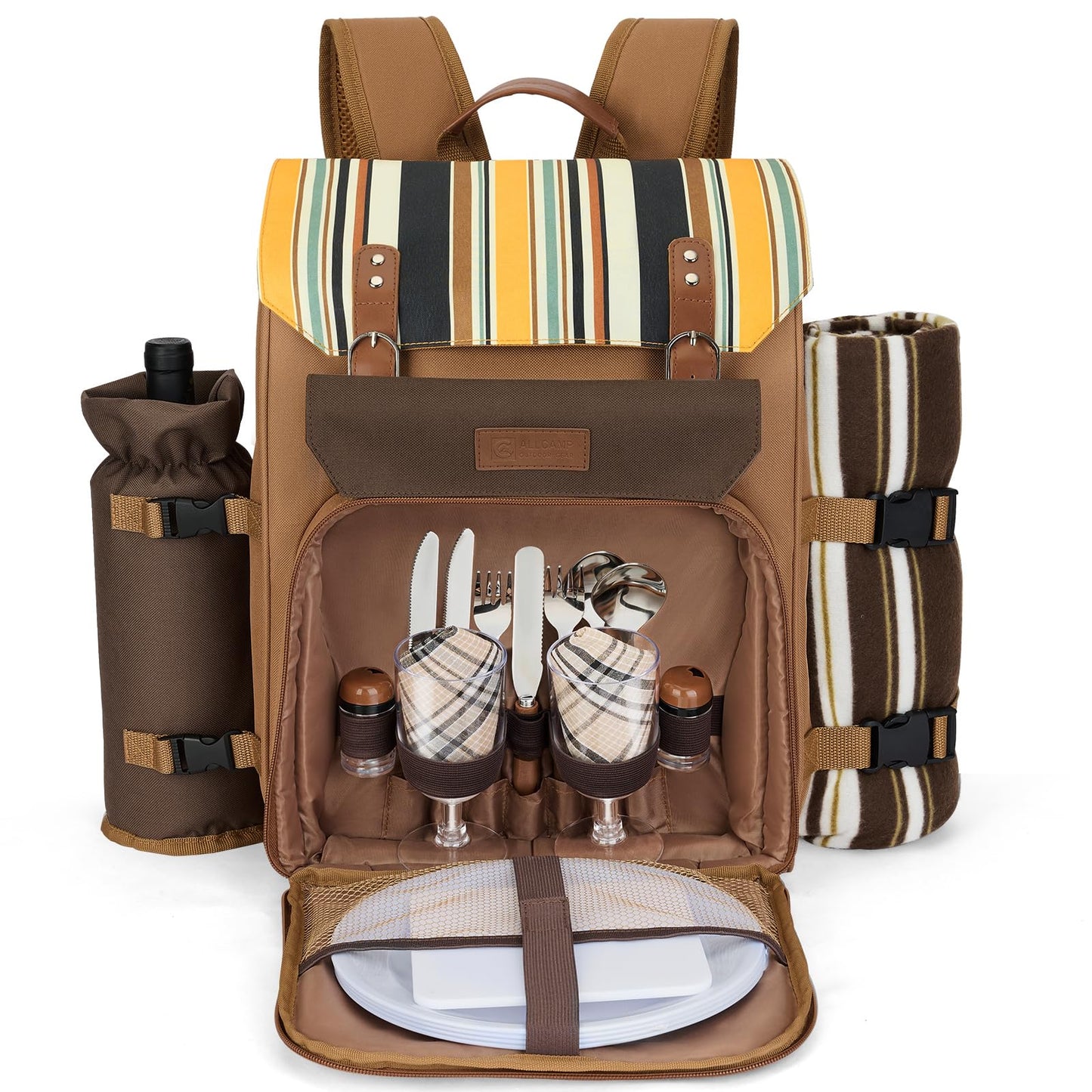 Picnic Backpack, 2-Person Set with Blanket and Wine Holder, Gray(Caramel Brown)
