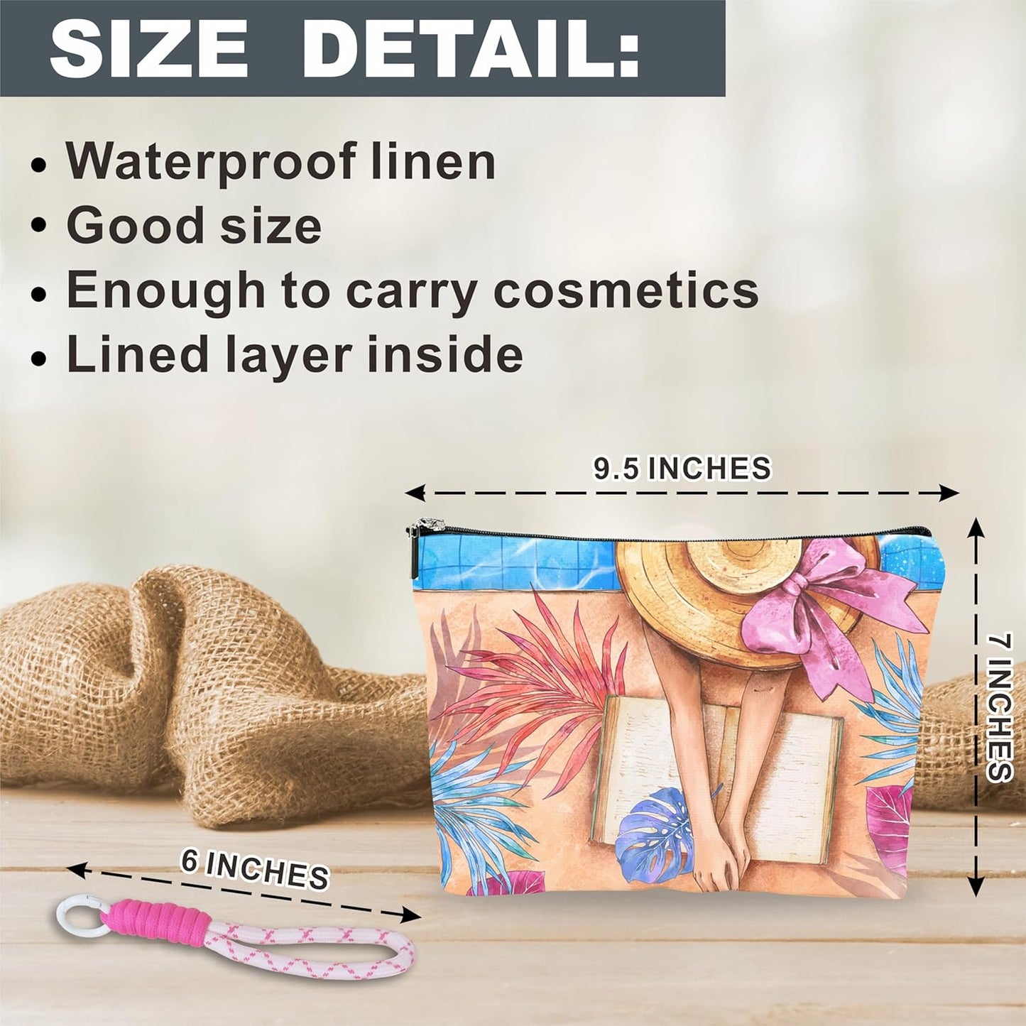 Make Up Bag For Woman, Cosmetic Bag With Hand Strap- Summer Reading Girl - Lined Toiletry Bag For Woman - Travel Pouch, Beach Organizer With Zipper, Women Essentials & Accessories - A13