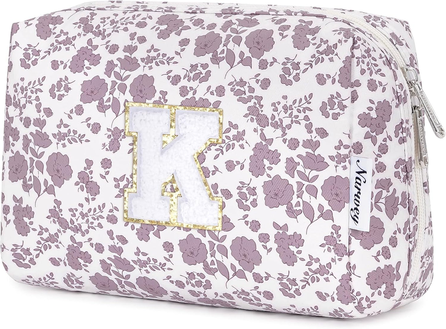 Narwey Birthday Gifts for Teen Girls Kids Women Personalized Initial Floral Makeup Bag Cute Cosmetic Trendy Stuff 6 8 10 11 12 13 14 16 18 Years Old Travel Toiletry Bag (Little Dusty Pink Flower K)