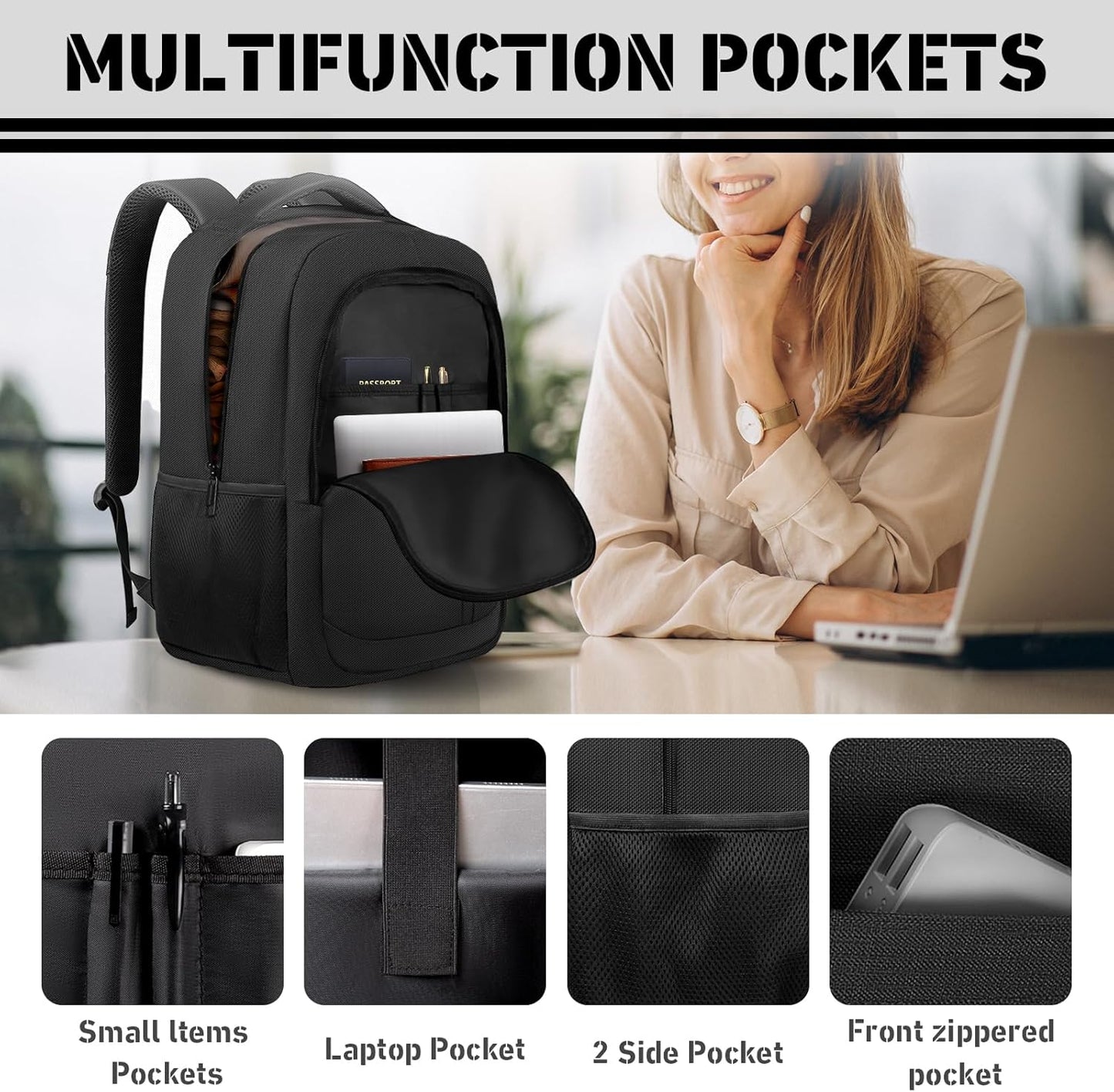 Travel Backpack for Men, 40L Business Laptop Backpack with 17.3 Inch Laptop Compartment, Lightweight Daypack for Flight, Durable Water Resistant Bookbag, Hiking, Work Backpack, Black