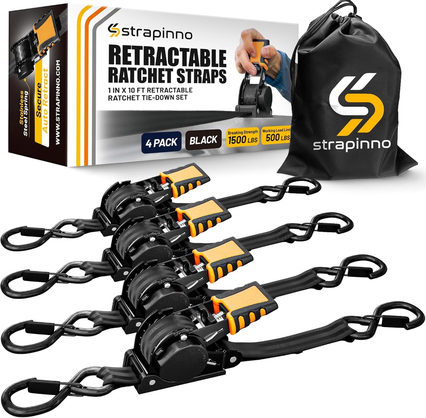 Strapinno Retractable Ratchet Straps 1 in x 10 ft, Secure Tie-Downs with Rubber-Coated Steel Handles, for Motorcycle, Jetski, Kayak, Breaking Strength 1,500LBS/680KG (Black Strap, Black Coated)