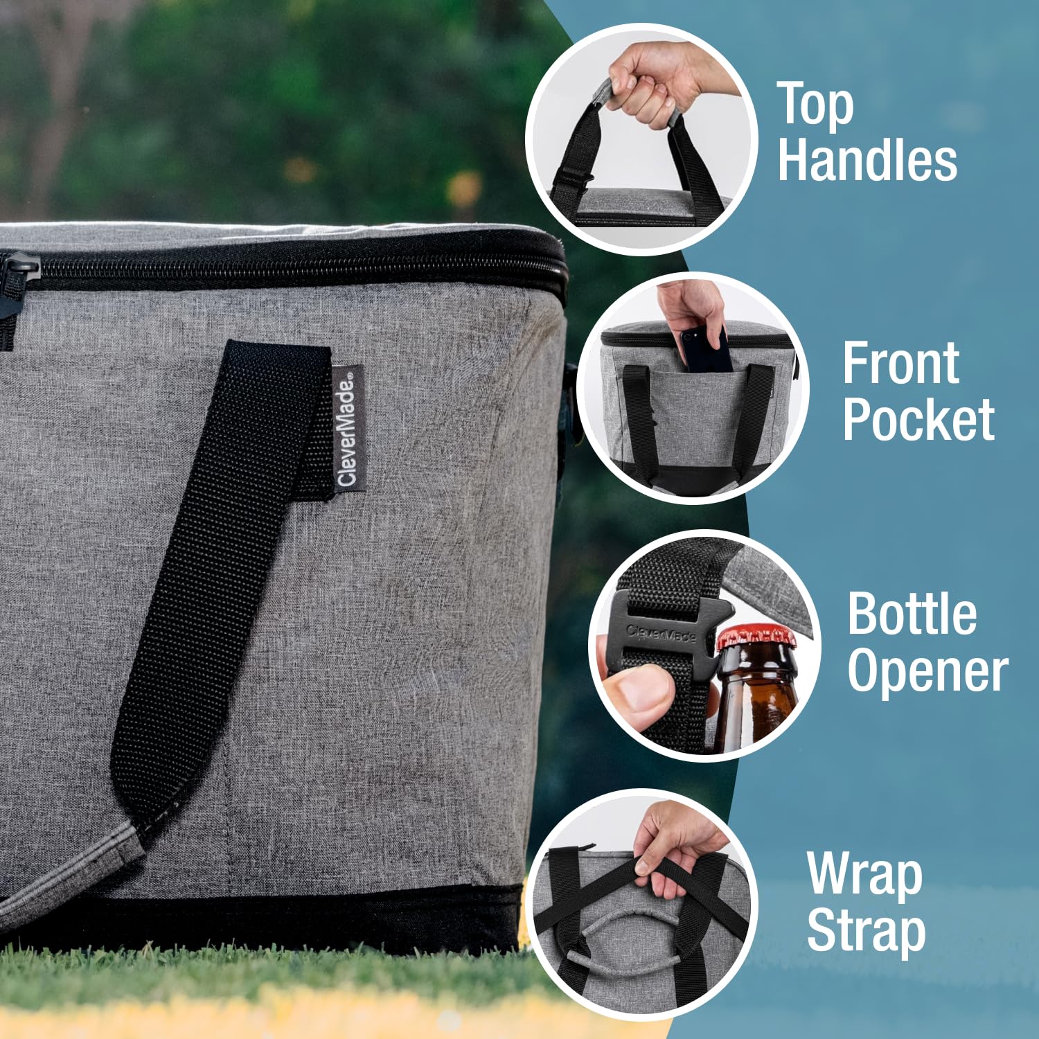 CleverMade Tahoe Collapsible Cooler Bag, Large Travel Cooler, Heather Gray