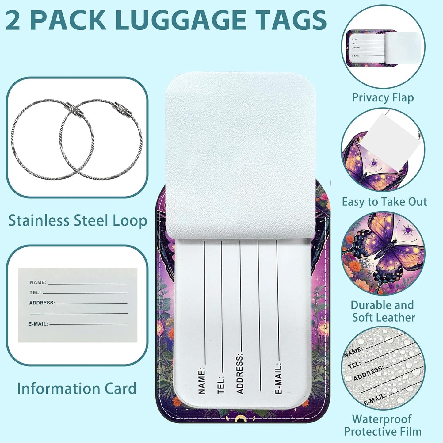 2 Pack Cute Luggage Tag for Suitcases Bright Night Butterflies Leather Luggage Tags with Stainless Steel Loop Privacy Flap Name Tags,Men and Women Travel Bag Suitcase Tags