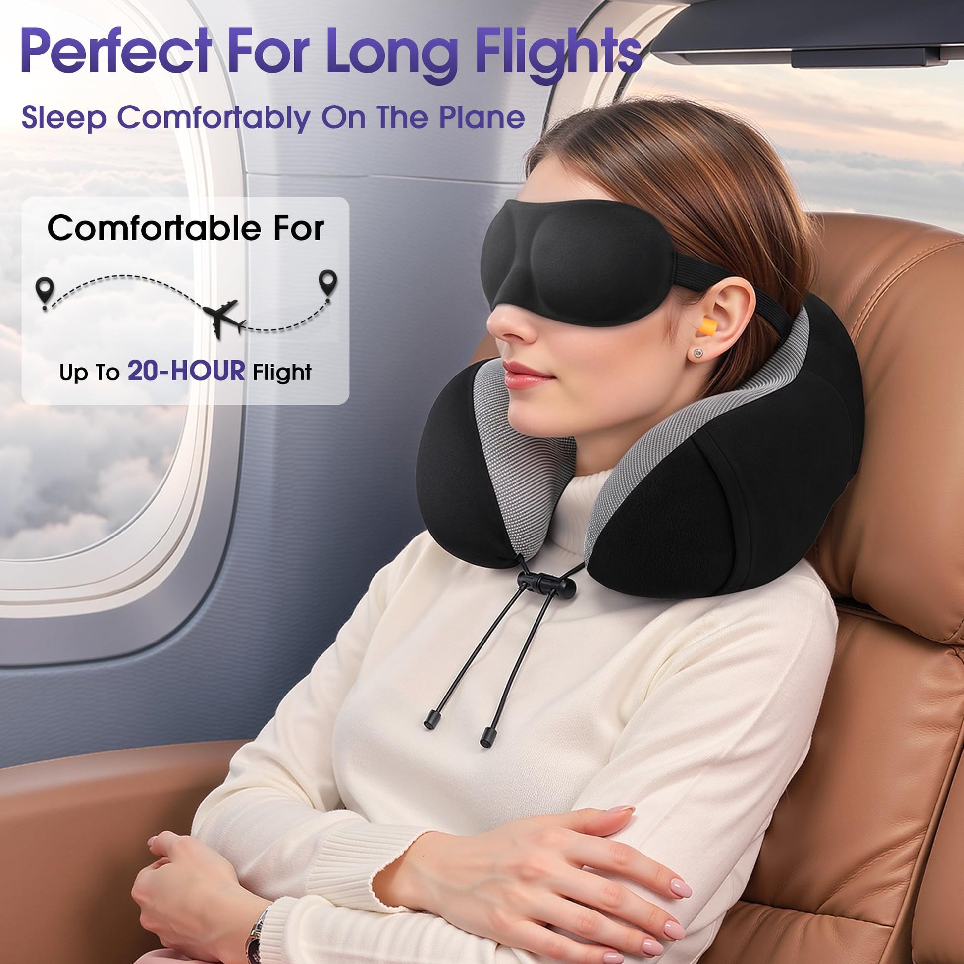 CloudBliss Neck Pillow for Airplanes, Memory Foam Travel Pillow, Black