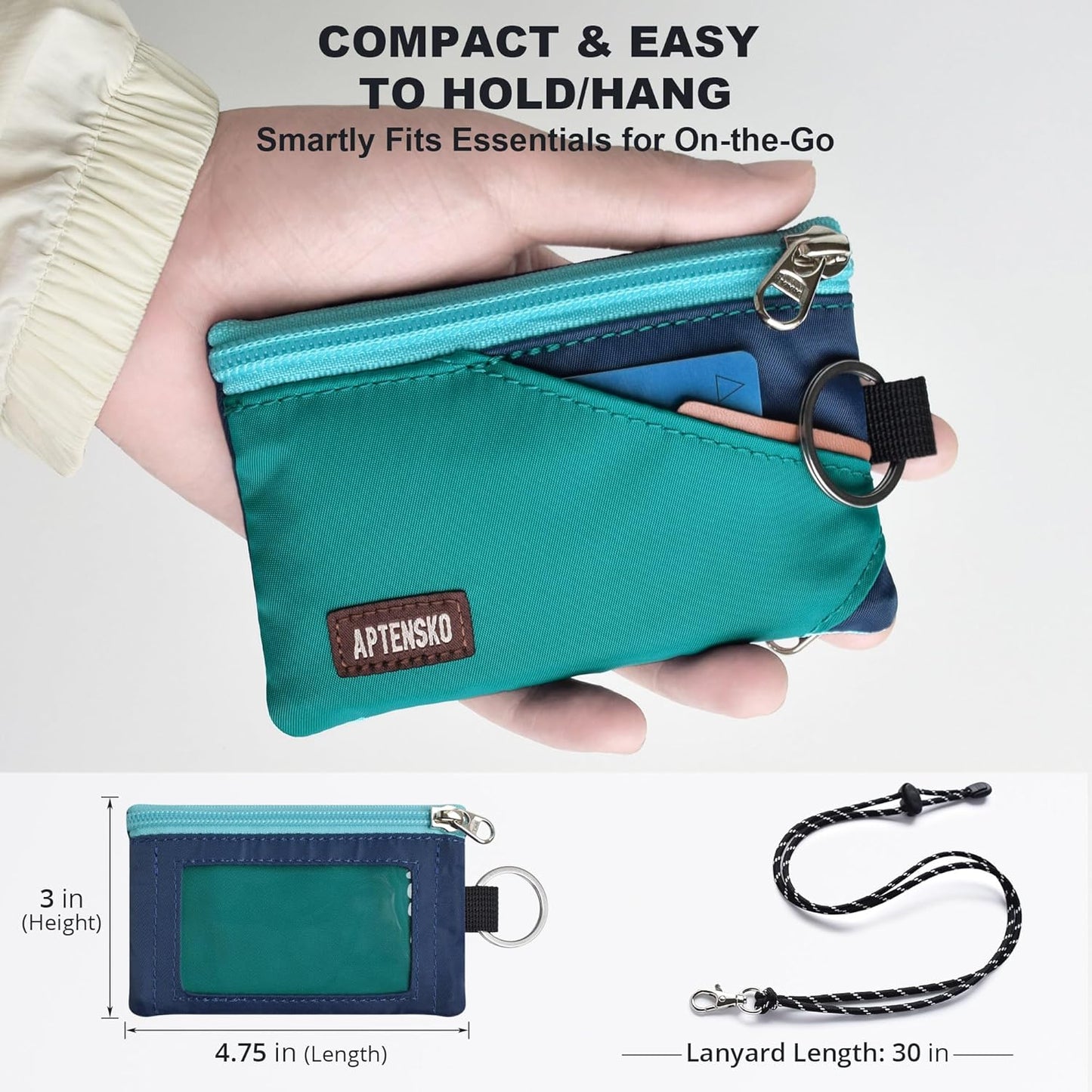 RFID Travel Wallet with Adjustable Lanyard-Zipper Small Wallet with ID Card Holder, Keychain for women&men-Minimalist Slim Waterproof Nylon case for ID, Cash, Key (Turquoise+Navy)