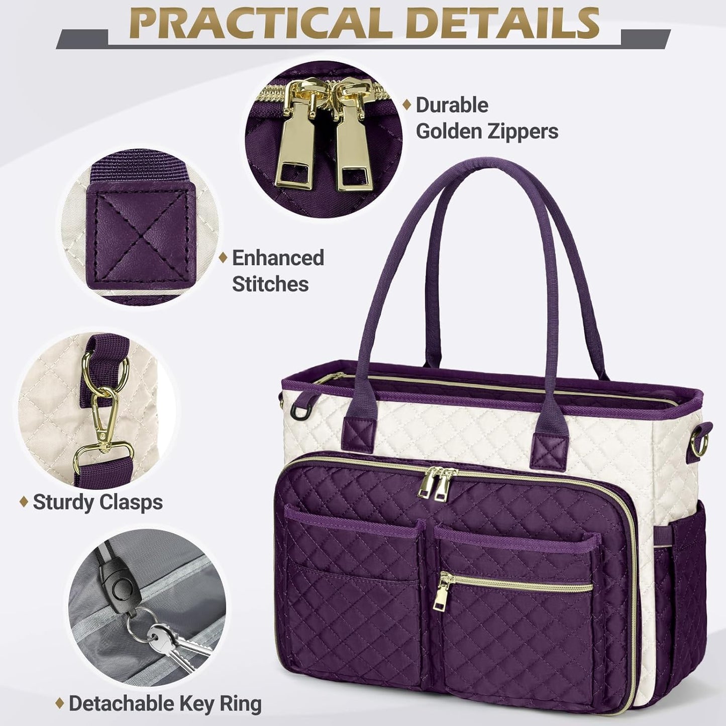 RAINSMORE Teacher Tote Bag 15.6 inch Laptop Bag for Women Work Bags Laptop Tote Nurse Bag Professional Computer Messenger with Insulated Pocket, Laptop Briefcase for Office, College, Purple-white
