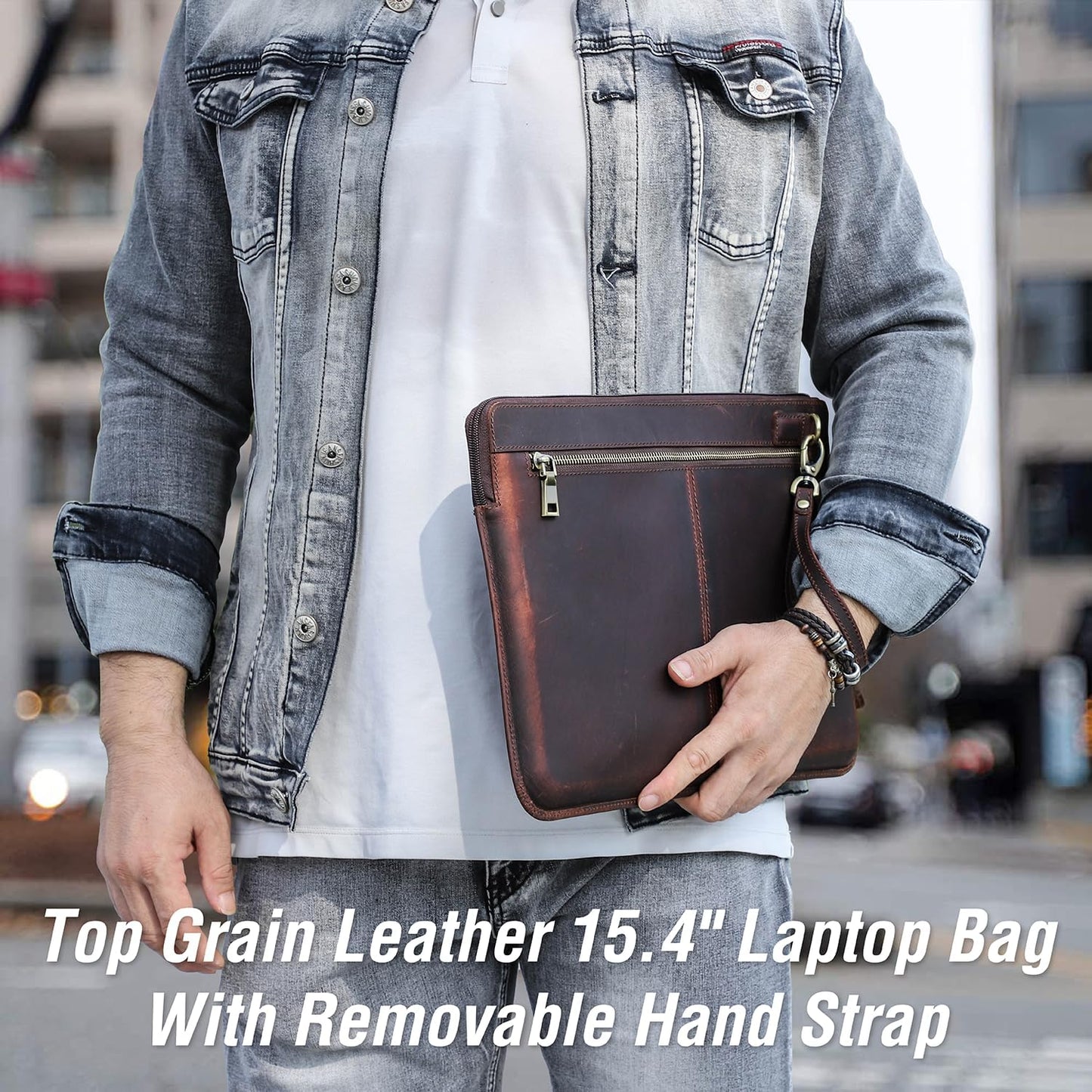 Top Grain Leather 15.4" Slim Laptop Sleeve Case Bag, Vintage Design with 2 Zip Pocket, Handmade, Compatible with MacBook Pro 15.4" Retina 2.6GHz ThinkPad 15.6" & Other PC, Coffee 15.4 Inch