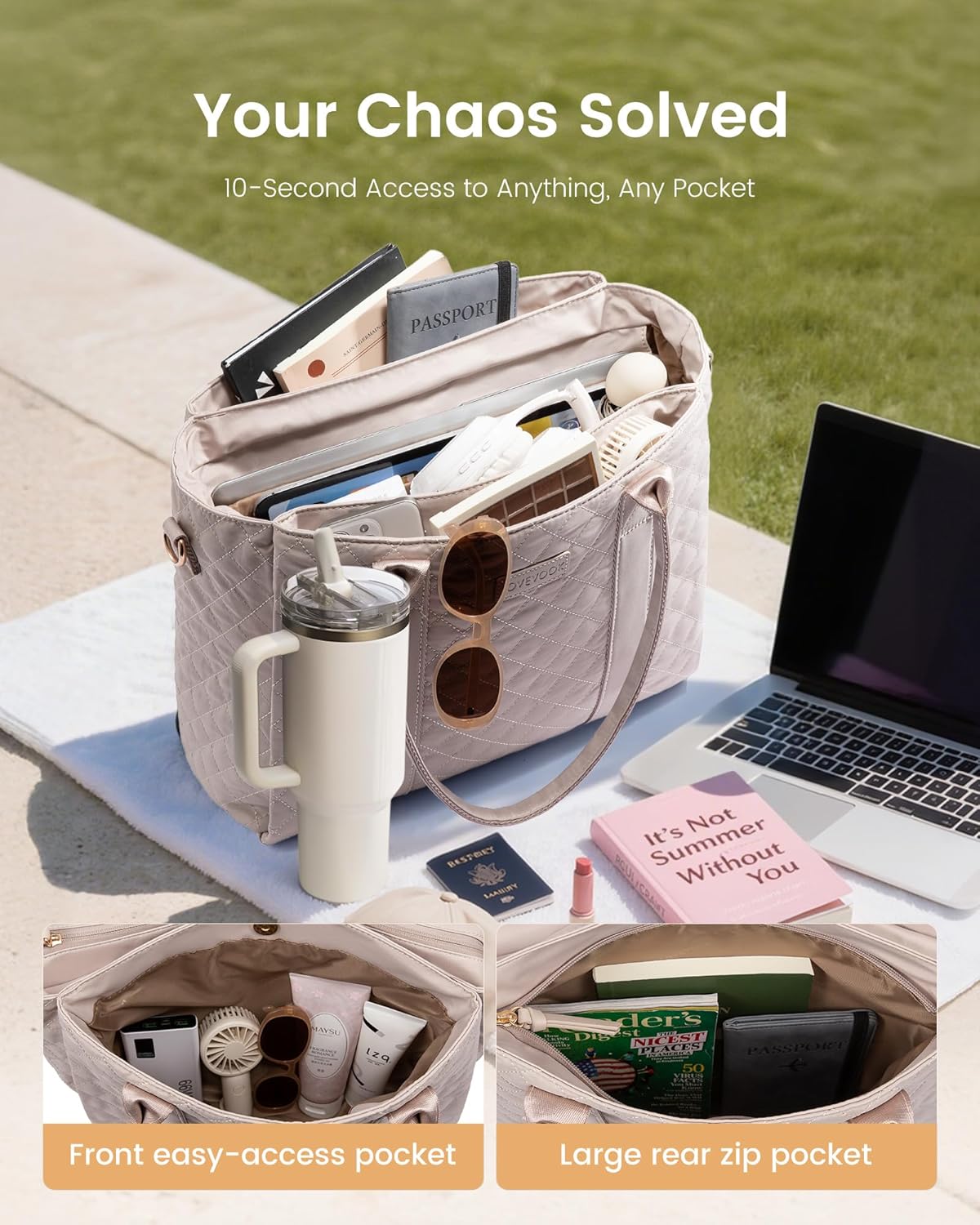 LOVEVOOK Laptop Bag for Women，Work Bag Teacher Tote Bag With Large Cup Holder, Quilted Crossbody bag with Zipper for Travel
