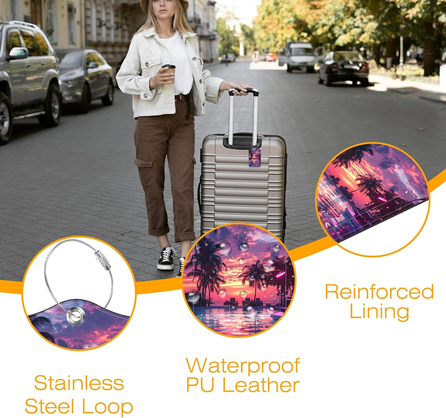 3 Pack PU Leather Luggage Tag for Suitcase Sunset Palm Tree Swimming Pool Suitcase Tags with Privacy Name ID Label and Stainless Steel Loop for Travel Bag