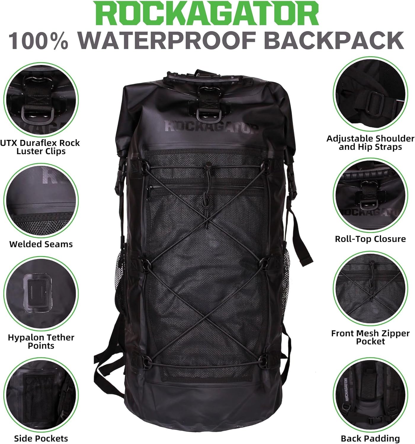 Rockagator Kanarra 90L Waterproof Backpack for Camping, Hiking, Mountaineering, Backpacking, Hunting, Fishing, Canoeing, Outdoor Activities, The Wet Outdoors - Large Capacity, Roll Top Closure, Black
