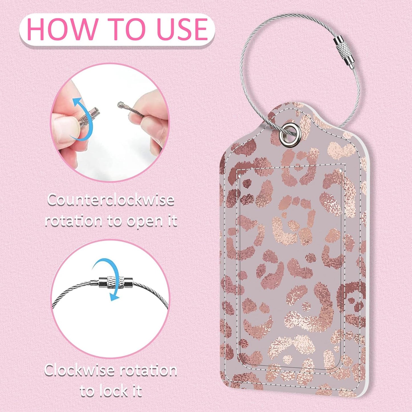 Luggage Tags for Suitcase,2 Pack Rose Gold Leopard Luggage Tag,PU Leather Id Label Luggage Tags with Stainless Steel Loop and Privacy Cover for Women Men Teens Travel