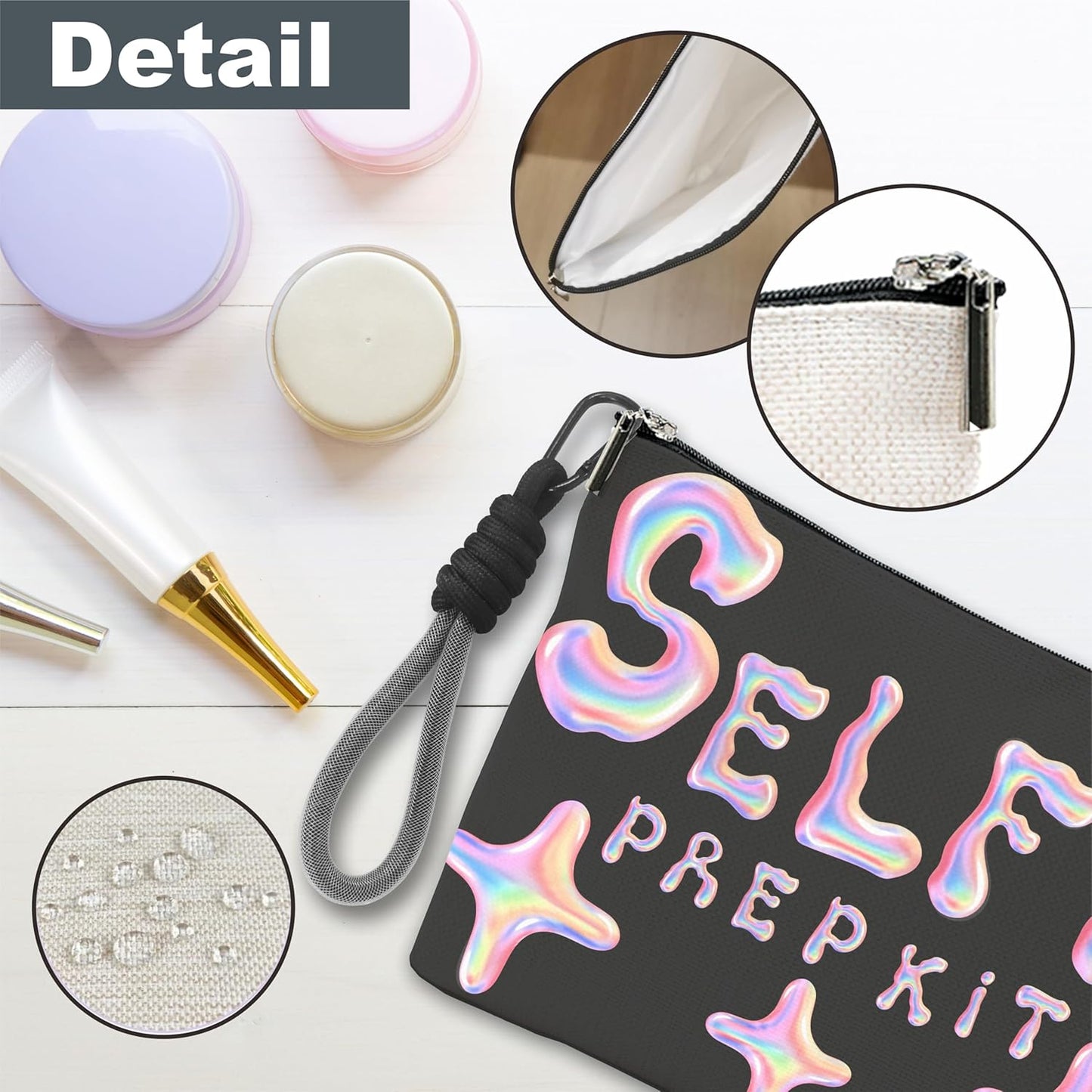 Make Up Bag, Cosmetic Bag With Hand Strap - Futuristic Selfie Prep Kit - Lined Toiletry Bag For Woman - Travel Pouch, Black & Pink Organizer With Zipper, Women Essentials & Accessories - A05