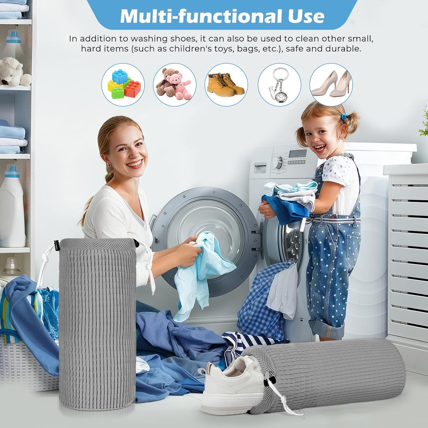 2Pcs Shoe Washing Machine Bag, Reusable Shoe Laundry Bag, Sneaker Washing Machine Bags, Shoe Cleaning Wash Bag with 360° Cleaning Fibers & Adjustable Drawstring, Fits Most Shoes Washer (Gray)