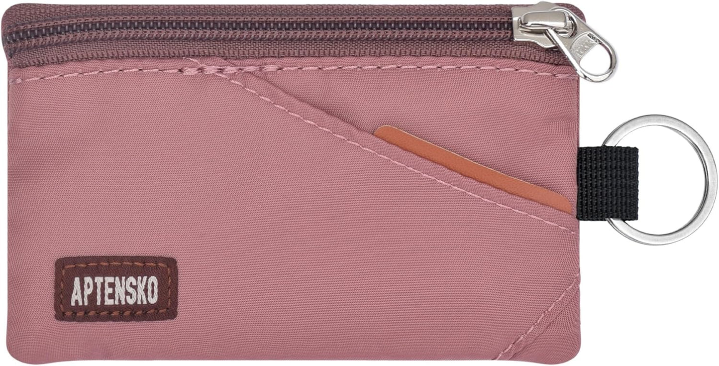 RFID Travel Wallet with Adjustable Lanyard-Zipper Small Wallet with ID Card Holder, Keychain for women&men-Minimalist Slim Waterproof Nylon case for ID, Cash, Key (Warm Mauve)