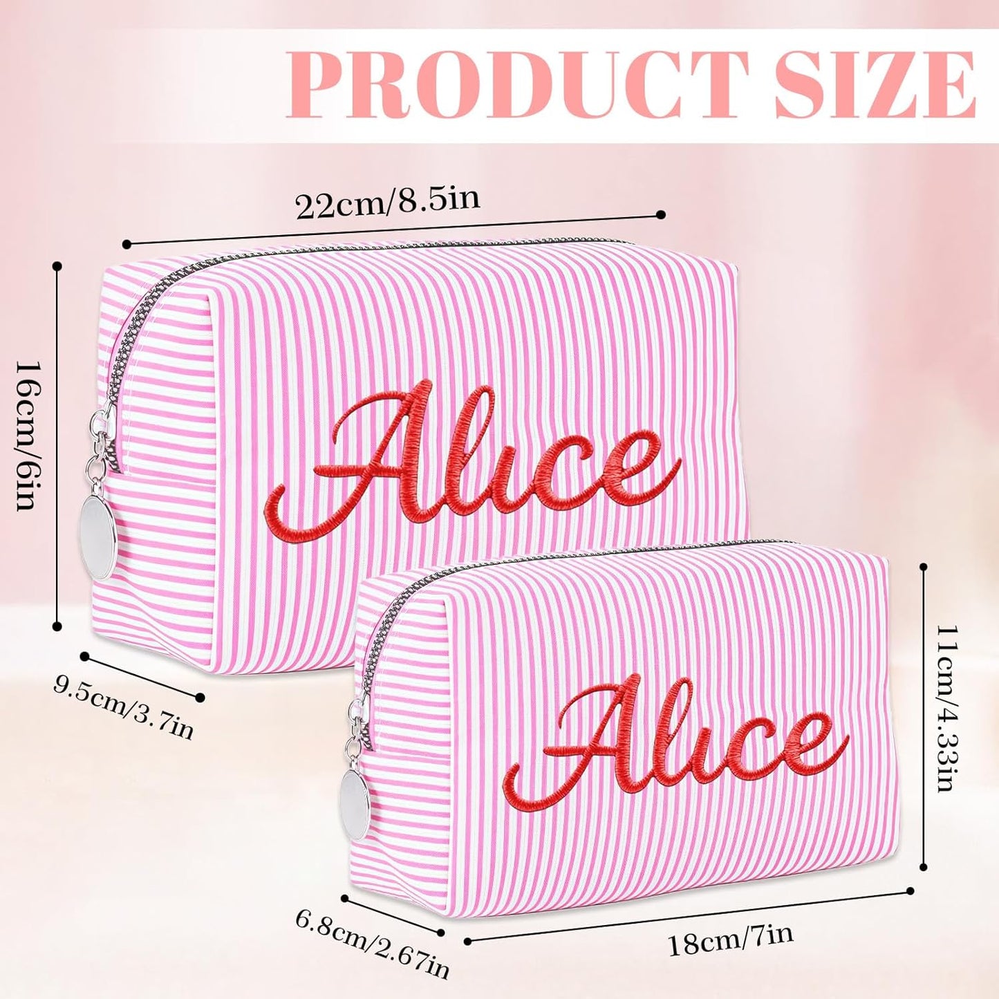 Personalized Makeup Bag with Embroidered Name,Custom Travel Toiletry Stripe Cosmetic Bag, Wedding Gift for Bridesmaid/Women/Girl