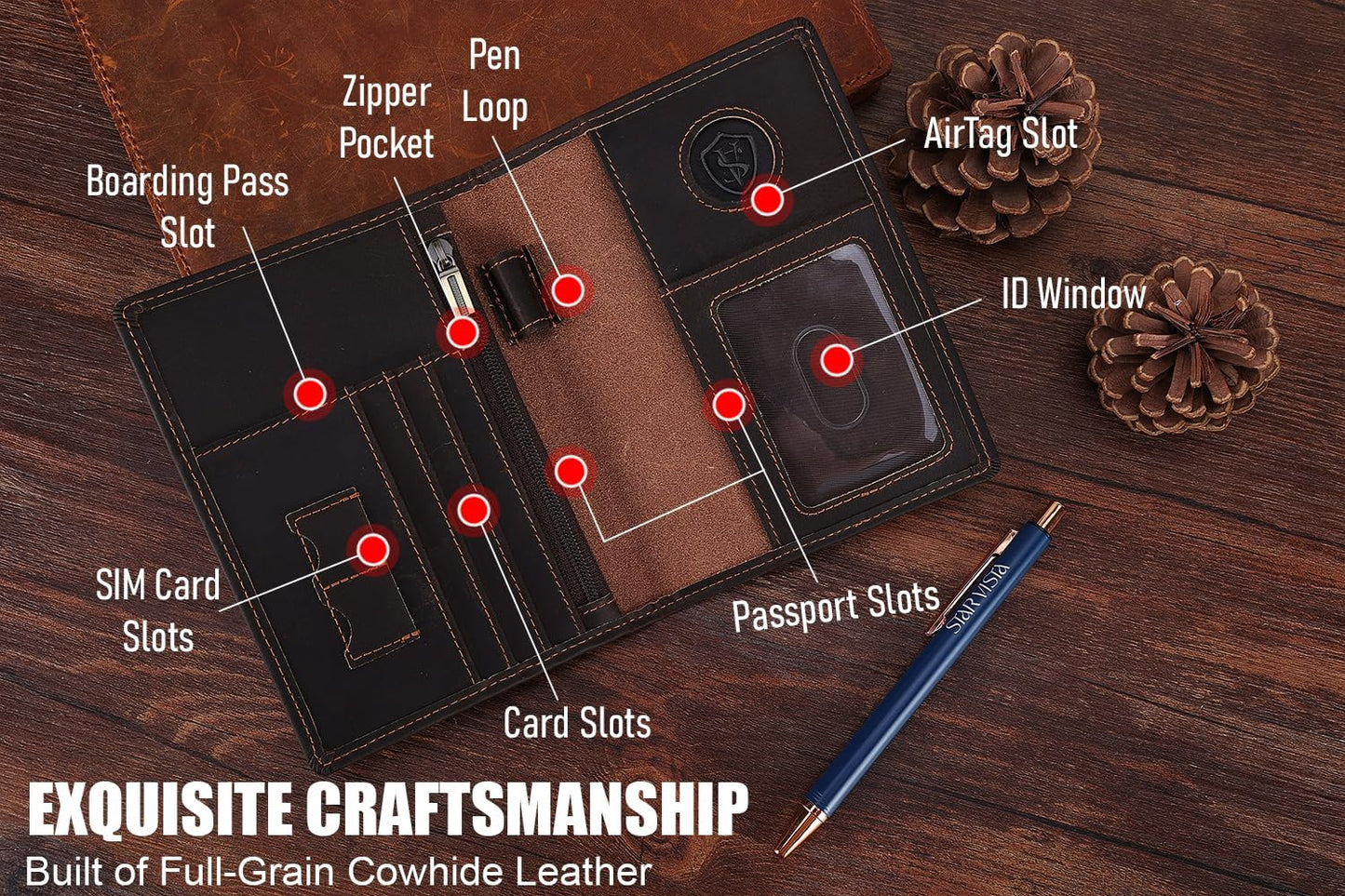 STAR VISTA Phoenix Leather Passport Holder, Cowhide Leather Travel Wallet - RFID Blocking, ID Window, Zipper Pocket, Pen & Notebook Included, AirTag Holder, Dark Chocolate