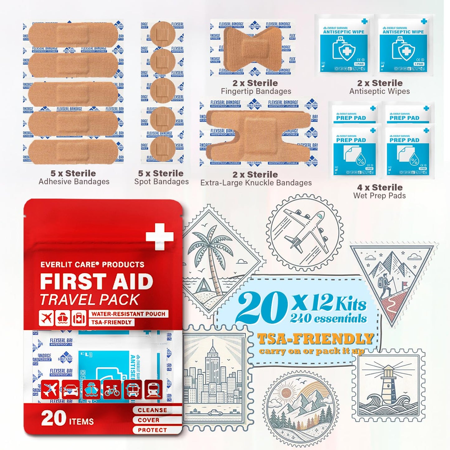 EVERLIT CARE Travel Bandage Pack | 12 Individual Packets, Bulk Portable Mini First Aid Kit with 20