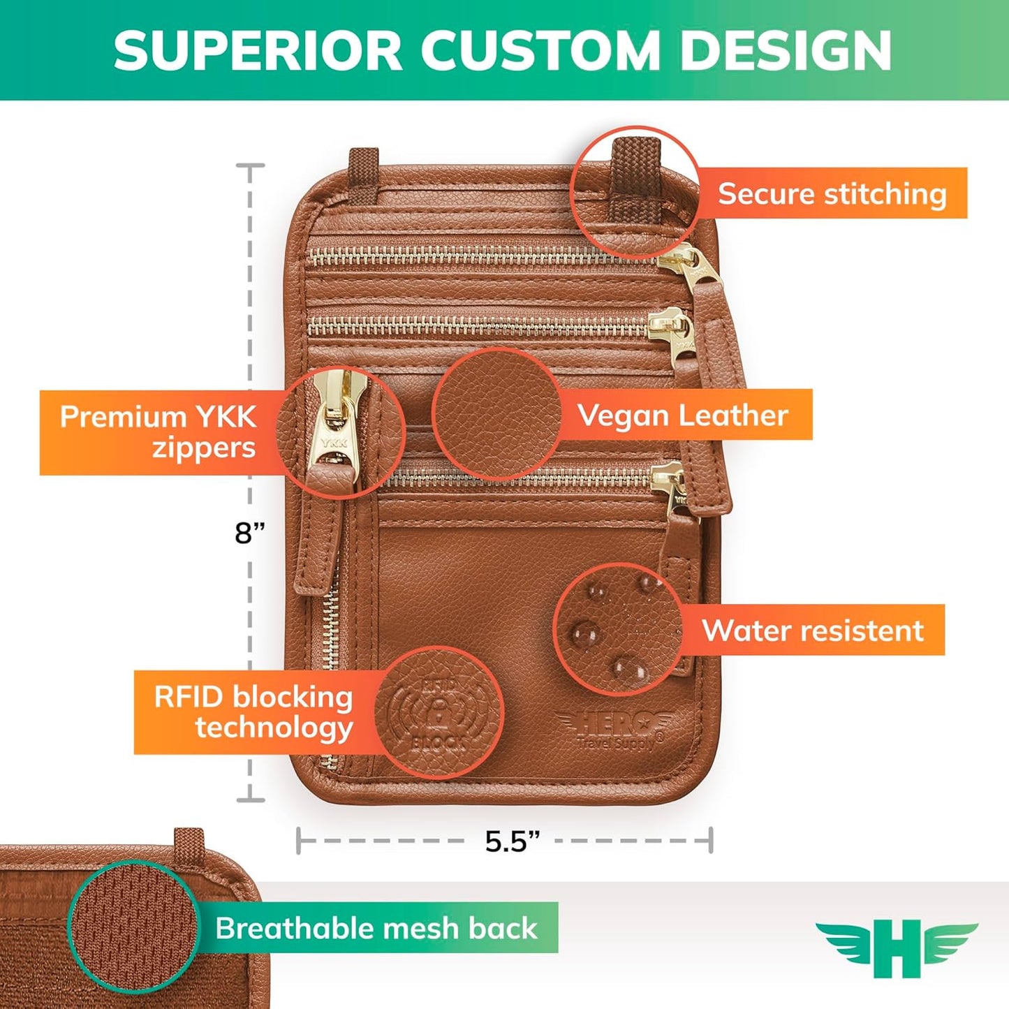 HERO Neck Wallet, RFID Blocking Vegan Leather Passport Holder & Pouch (Tan)