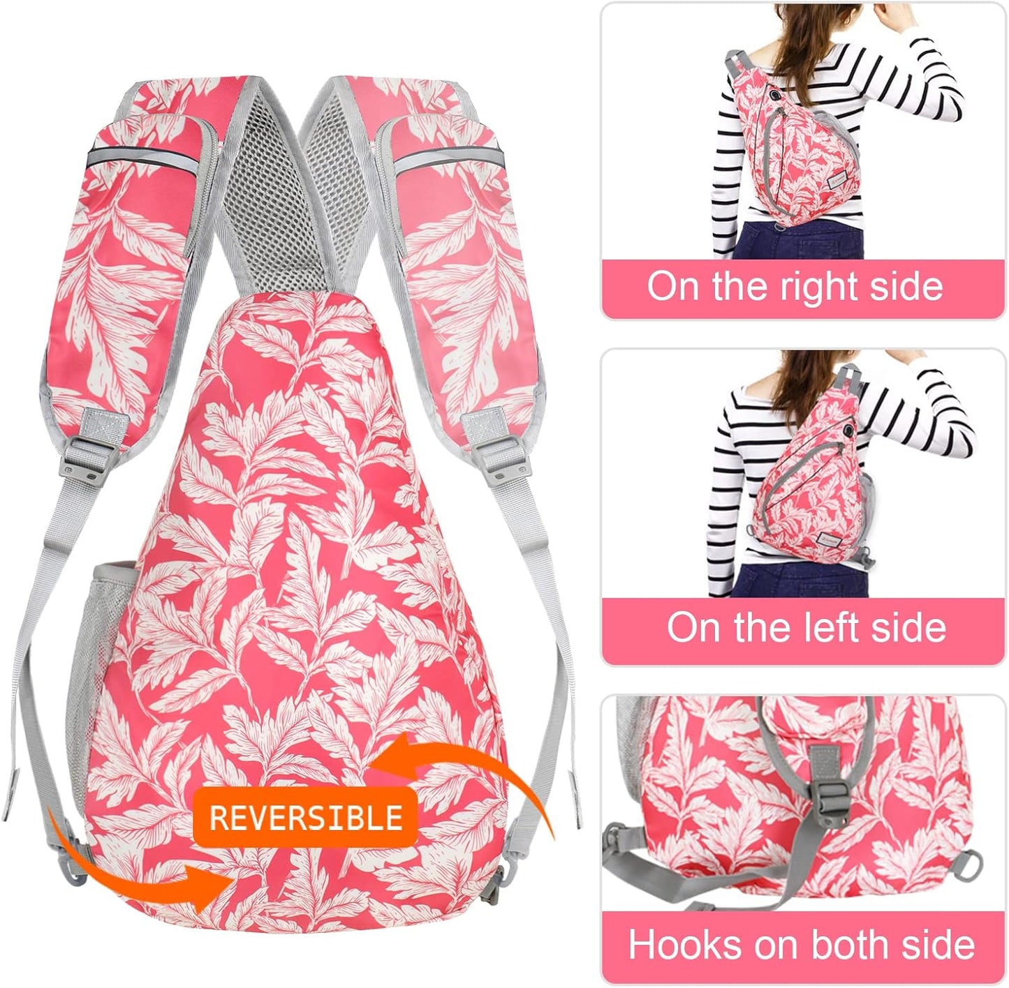 ZOMAKE Sling Bag,Small Crossbody Sling Backpack,Water Resistant Shoulder Daypack for Travel,Anti Thief Chest Bag for Hiking(Fushcia White Leaf)