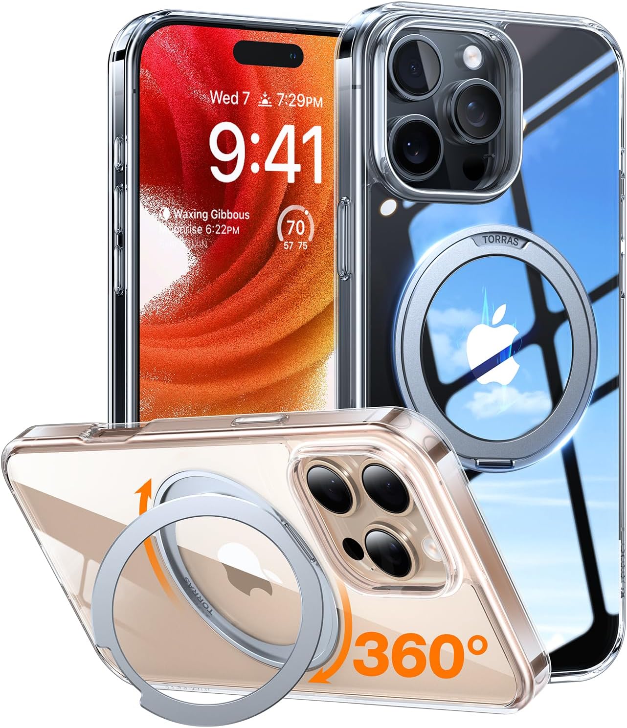 TORRAS Upgraded 360 Rotatable Magnetic Ring for iPhone 16 Pro Max Case, Fit for MagSafe with Stand Ring Holder, 16FT Mil- Grade Shockproof Translucent for iPhone 16 Pro Max Phone Case Ostand, Clear