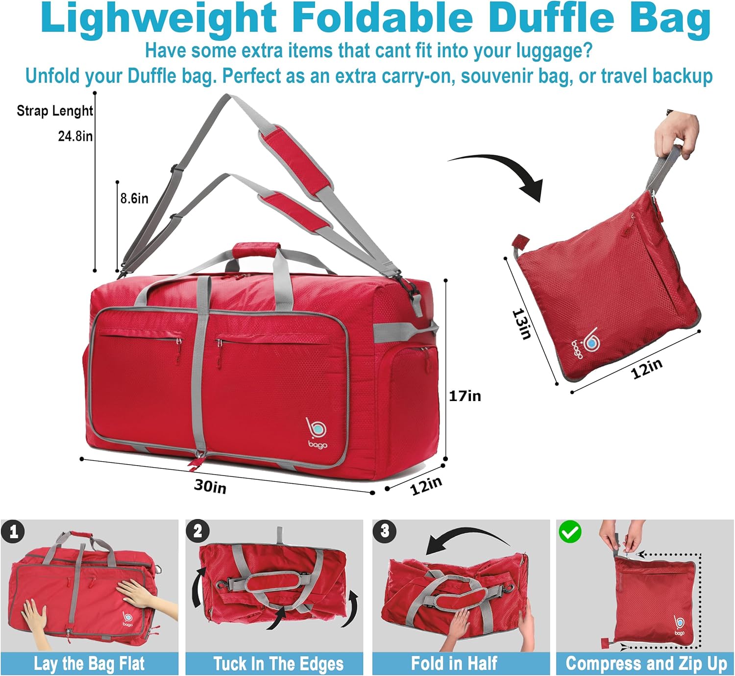 Bago Large Foldable Duffel Bags for Traveling Women & Men - 100L Packable Duffle Bag for Travel