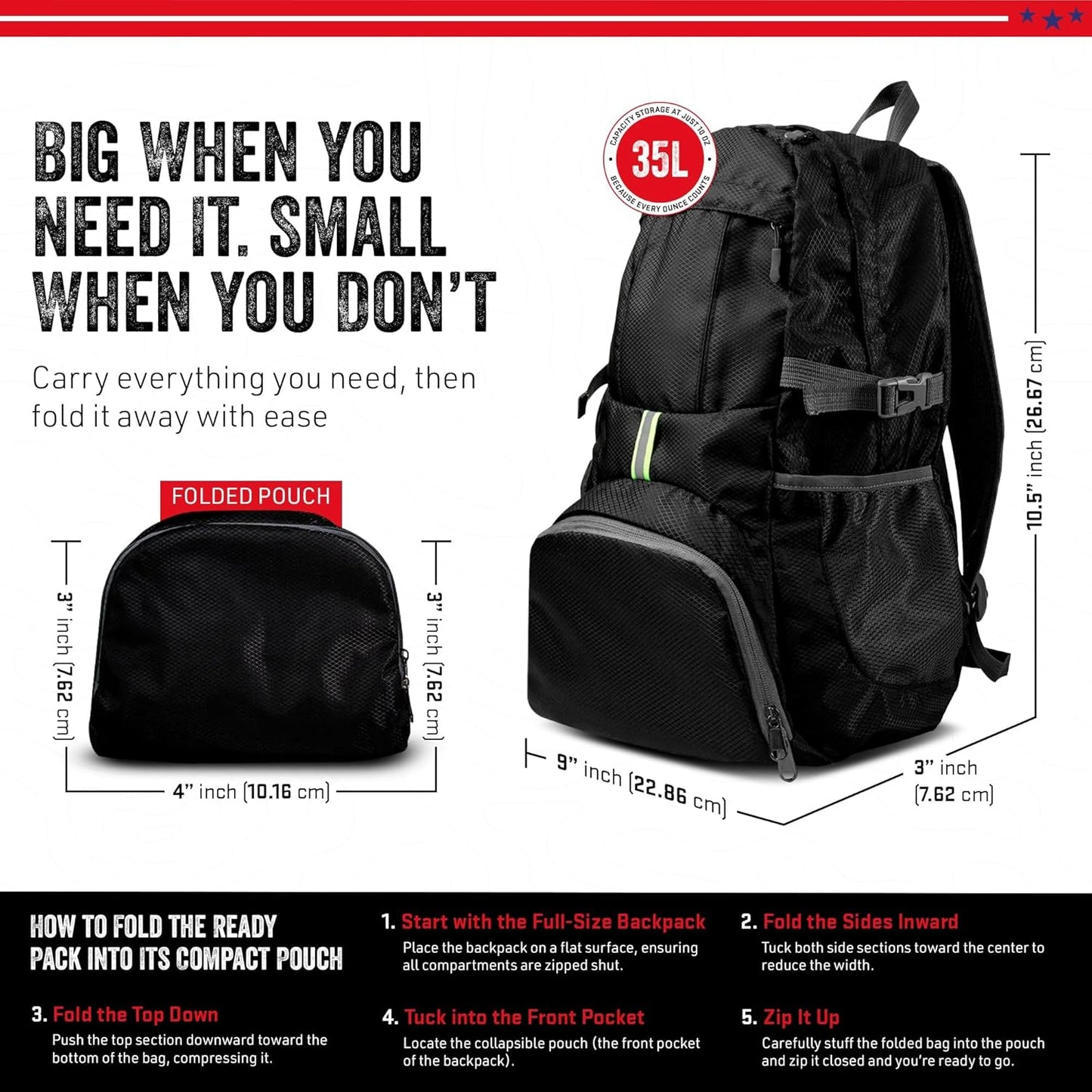 MODERN NEEDS Ready Pack 35L — Foldable Backpack for Travel | Lightweight, Water Resistant Hiking Daypack | Compact, Packable Backpack for Men & Women | Great for Camping & Daily Use