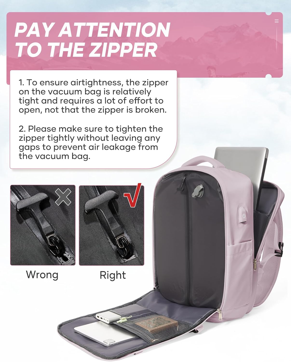 suwasp Vacuum Travel Backpack with Electric Vacpack Pump for Women, 40L Expandable Vacuum Compression Bags Personal Item Backpack Flight Approved Vacuum Seal Backpack for Traveling, Light Pink