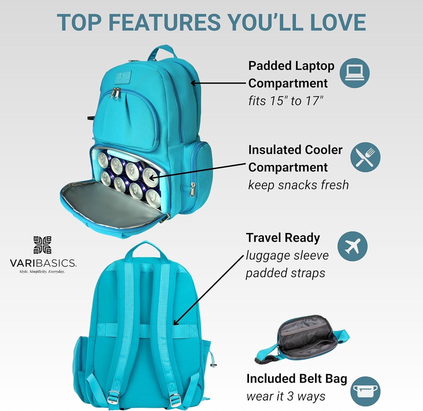 Alira Women’s Neoprene Laptop Backpack Set with Cooler Compartment & Coordinating Belt Bag, Premium Work Travel Backpack Fits 17” Laptop, Durable Large Bag for Office, Gym & Mom Life (Blue)