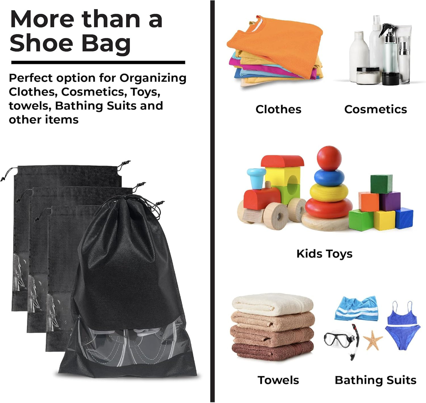Travel Shoe Bag for Packing in Suitcase, Organizing & Storage (12 Pack) - Reusable Dustproof & Water Resistant Pouch Protectors for Accessories, Laundry & Toys with Clear Window & Drawstrings. (Black)