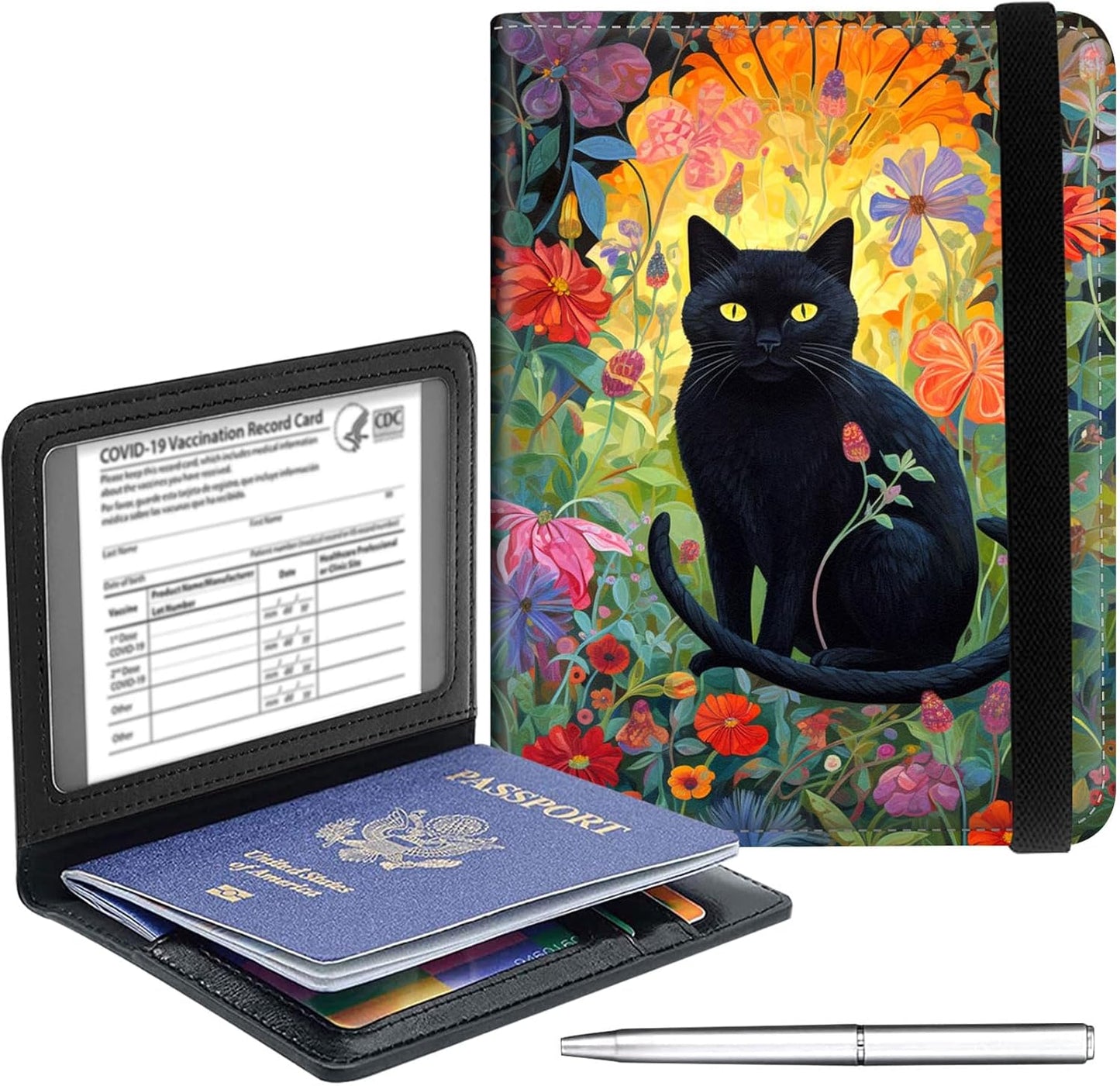 Passport Holder Cover Wallet Travel Essentials RFID Blocking Case Leather Passport Cover Wallet Vaccine Card Slot Organizer for Men Women, Cat Floral
