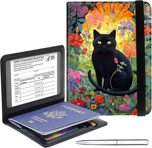 Passport Holder Cover Wallet Travel Essentials RFID Blocking Case Leather Passport Cover Wallet Vaccine Card Slot Organizer for Men Women, Cat Floral