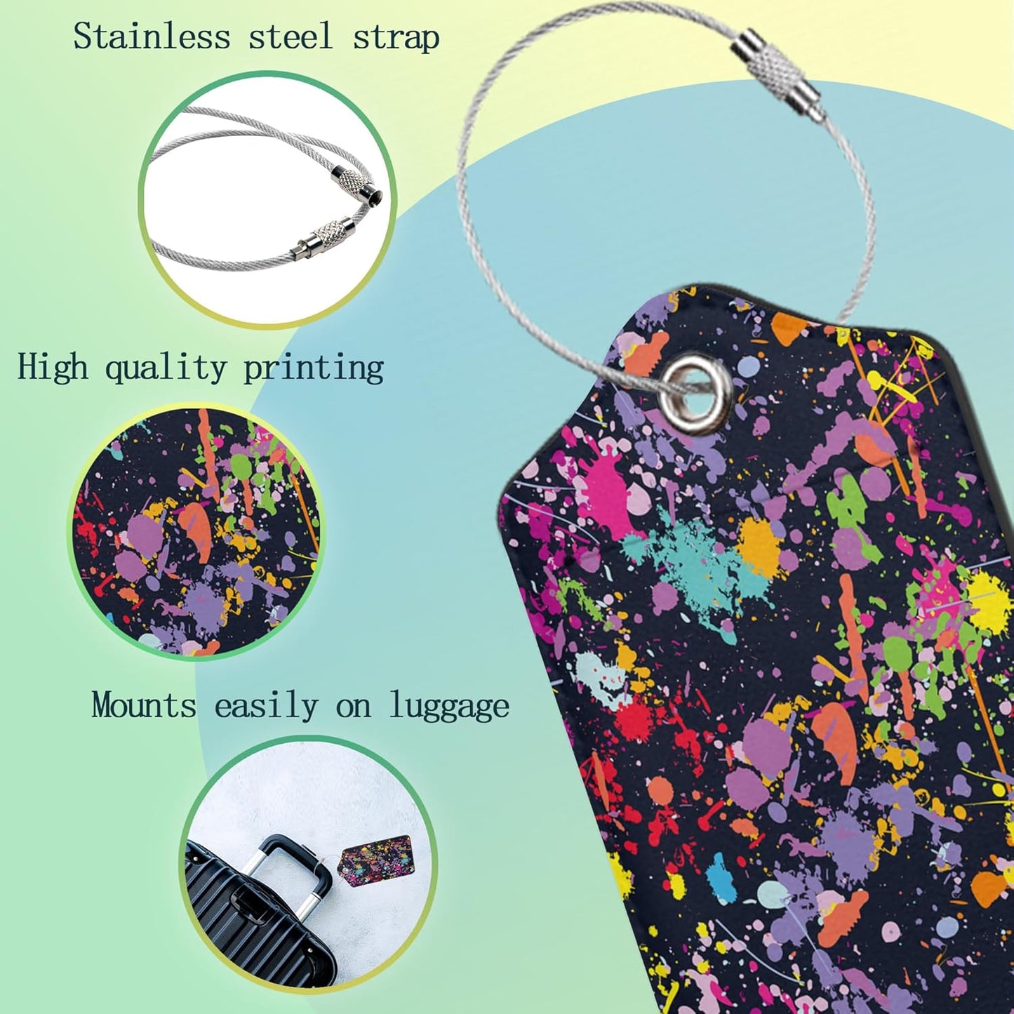 Luggage Tags for Suitcase,2 Pack Colorful Abstract Splash Luggage Tag Leather Privacy Cover ID Label with Stainless Steel Loop for Women Men Kids Girls Travel