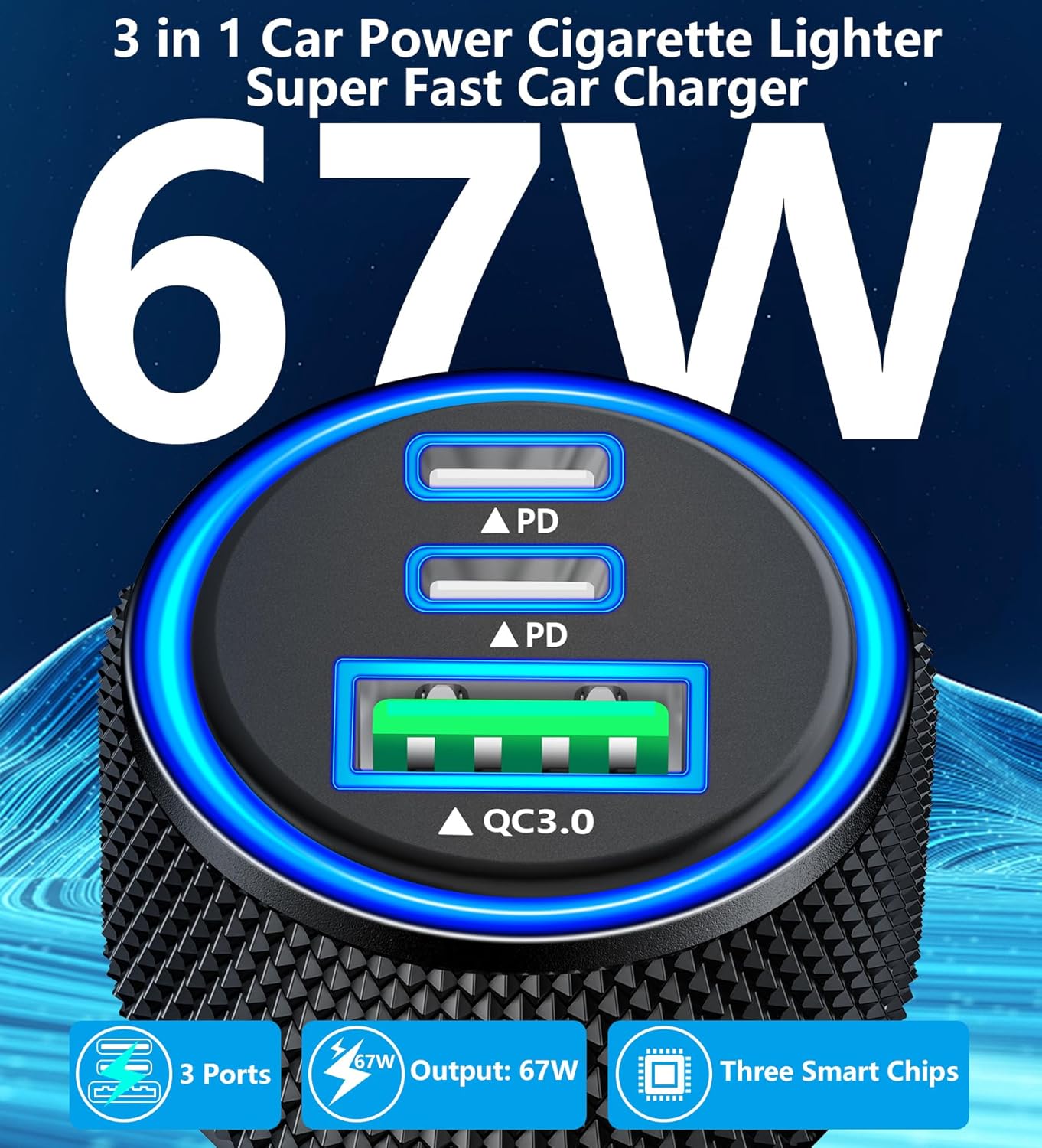 USB C Car Charger, Rombica 3Port 67W PD Dual USB-C USB-A Power Cigarette Lighter Adapter PD/QC Type C Car Charger Fast Charging for iPhone 17 17 Pro Max 16 Pro 15 14 13 12 11/Galaxy S25 S24/Pixel/iPad