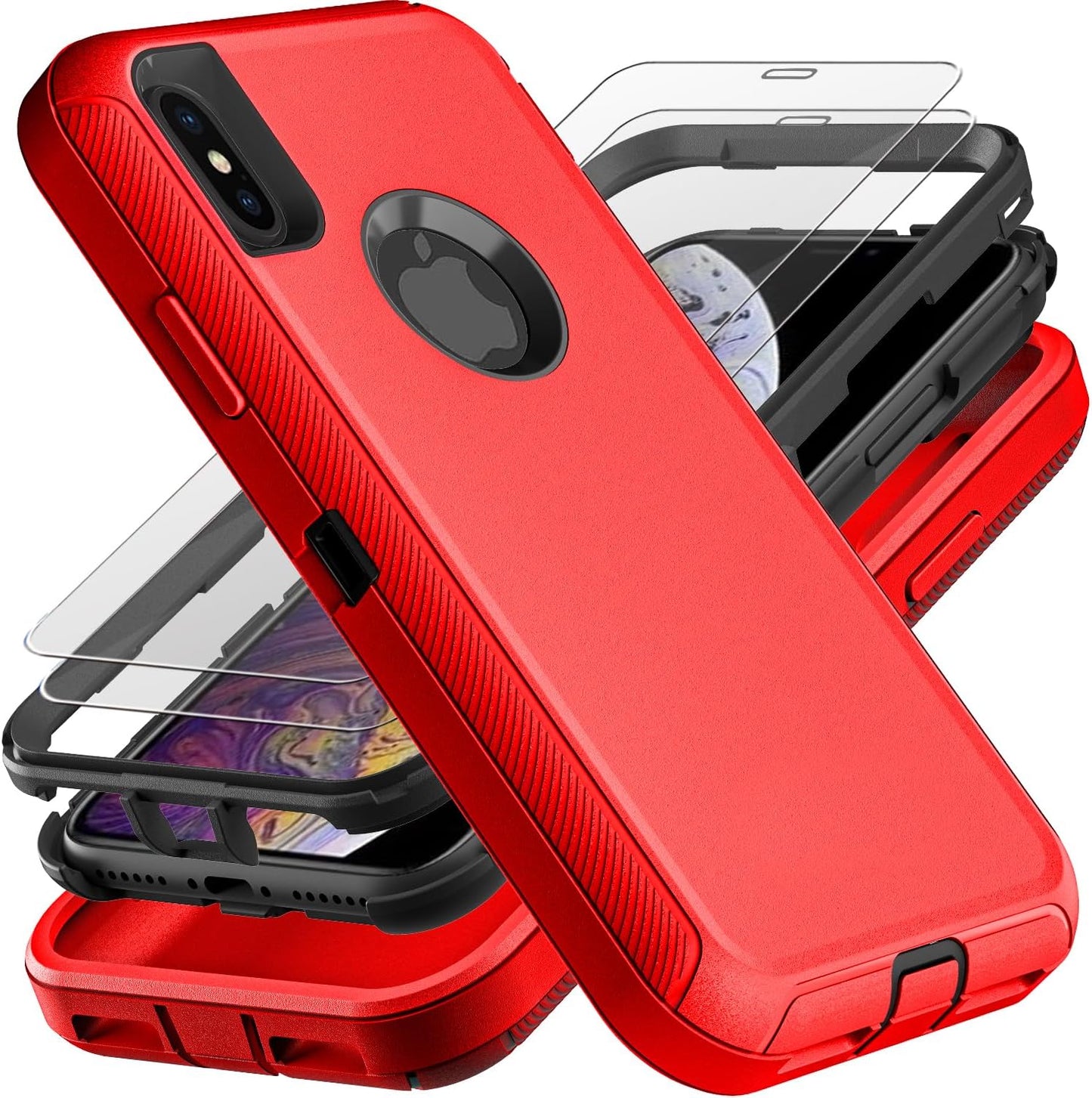 for iPhone Xs Max Case, Military Grade 3 in 1 Heavy Duty Shockproof/Drop Proof/Dust Proof Case with 2Pcs Tempered Glass Screen Protector (Red/Black)