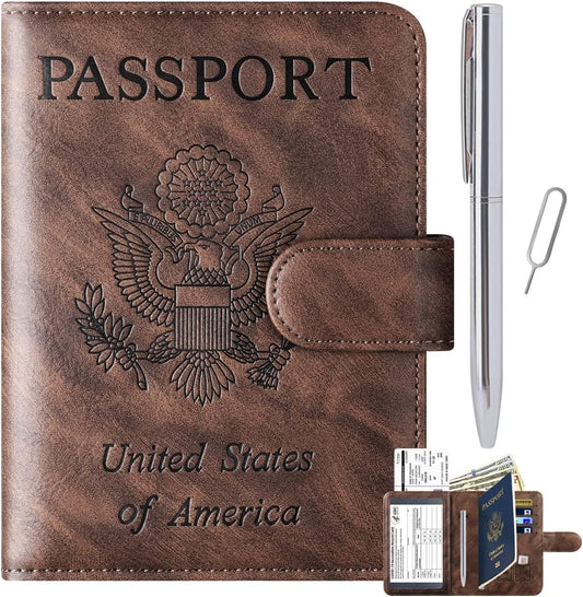Passport Holder Cover Wallet Travel Essentials Leather Rfid Blocking Case Vacation Luggage Must Haves Travel Accessories for Men Women (2#Coffee)