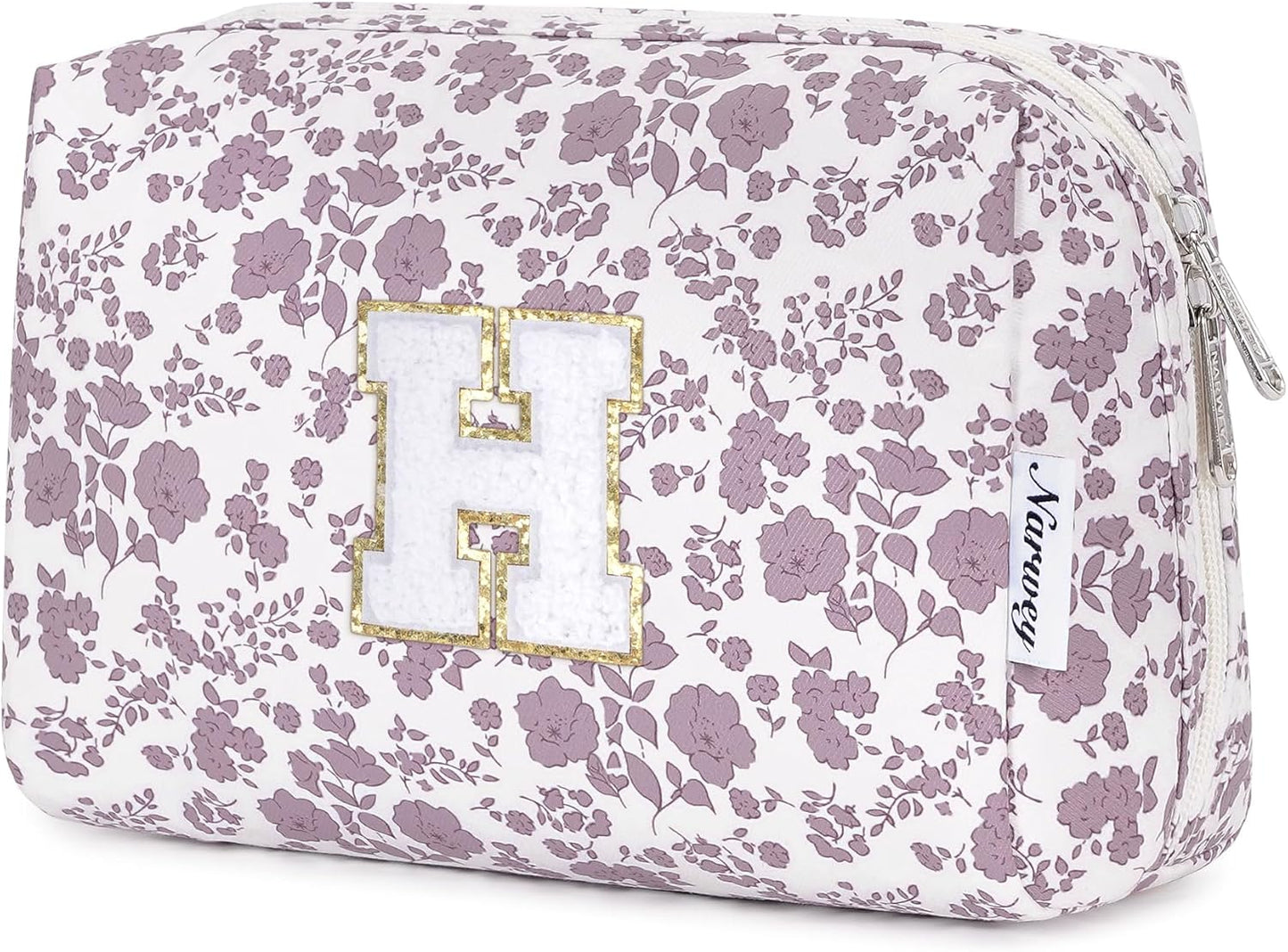 Narwey Birthday Gifts for Teen Girls Kids Women Personalized Initial Floral Makeup Bag Cute Cosmetic Trendy Stuff 6 8 10 11 12 13 14 16 18 Years Old Travel Toiletry Bag (Little Dusty Pink Flower H)