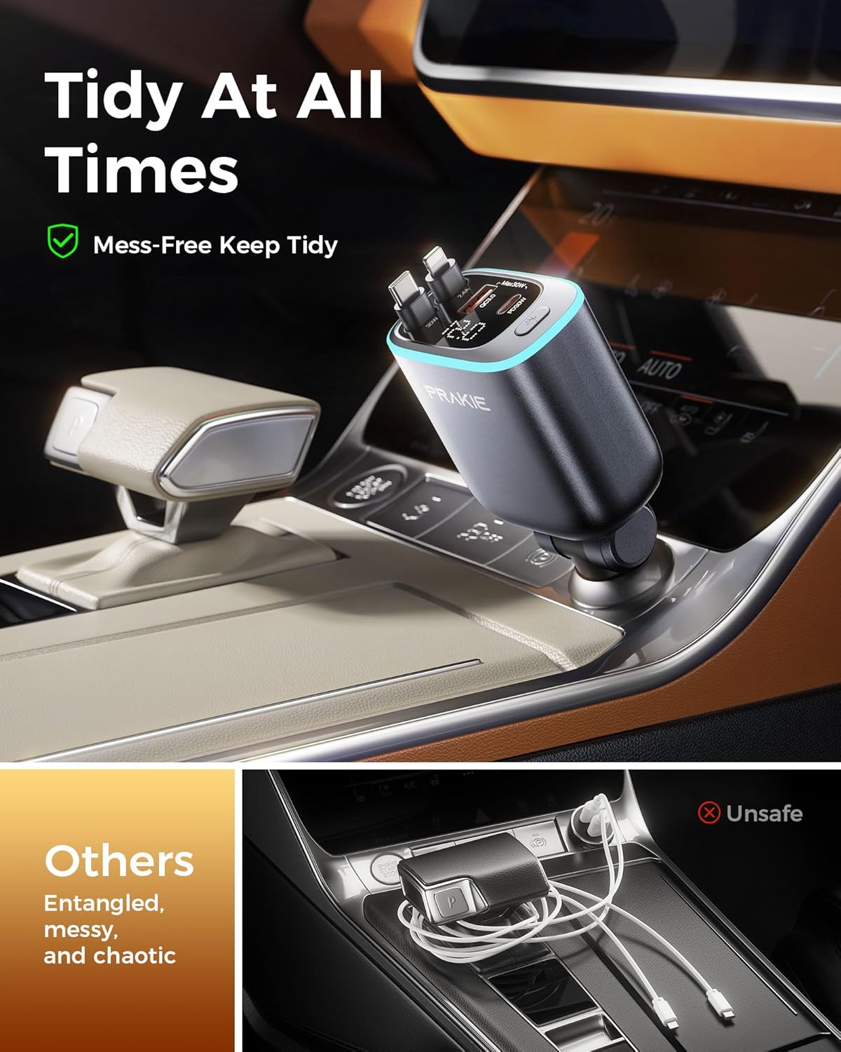4 in 1 Car Charger, Retractable iPhone Car Charger Fast USB C Phone Charger, Cigarette Lighter with 2 Cable 30 Inch and 2 USB Ports, Multi Port USB Car Charging for iPhone 17/16/15/14/13 Pro Max-2Pack