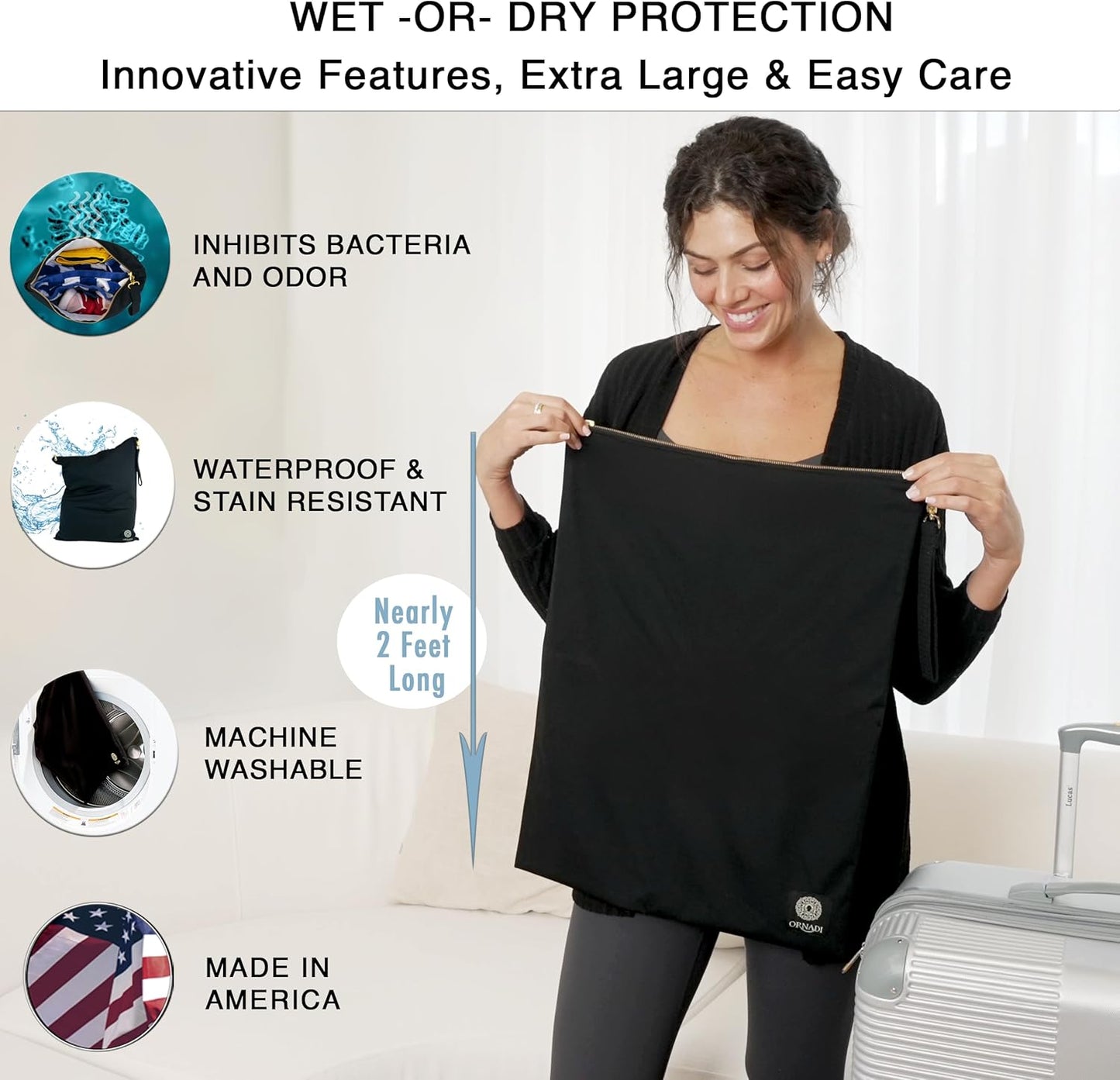 Ornadi X Large Waterproof Antimicrobial Wet Dry Bag Inhibits Bacteria & Odor from Sweaty Gym Clothes, Dirty Laundry, Swimsuits & Towels for Odor Proof Travel Made in USA 17 X 23.5 inch