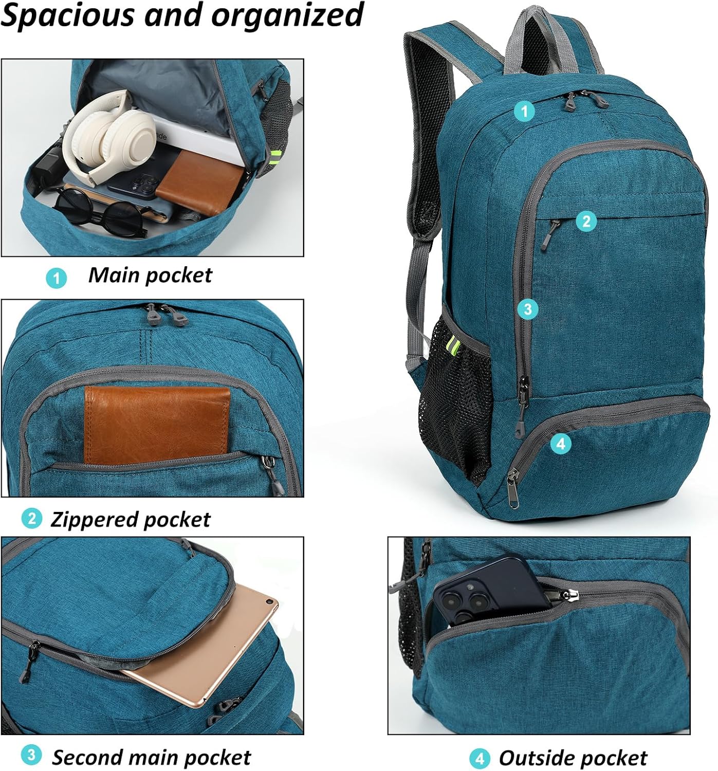 TANTOMI Small Hiking Backpack 25L Ultralight Foldable Camping Backpack Breathable Travel Backpacks Hiking Daypack for Men Women(Teal Blue)