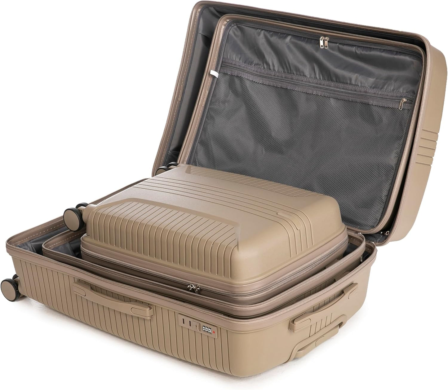 Campfun 3 Piece Luggage Sets, PP Suitcase Set with Double Spinner Wheels Hang Hook, Durable Carry On Luggage with Combination Lock, 20/24/28 inch, Champagne